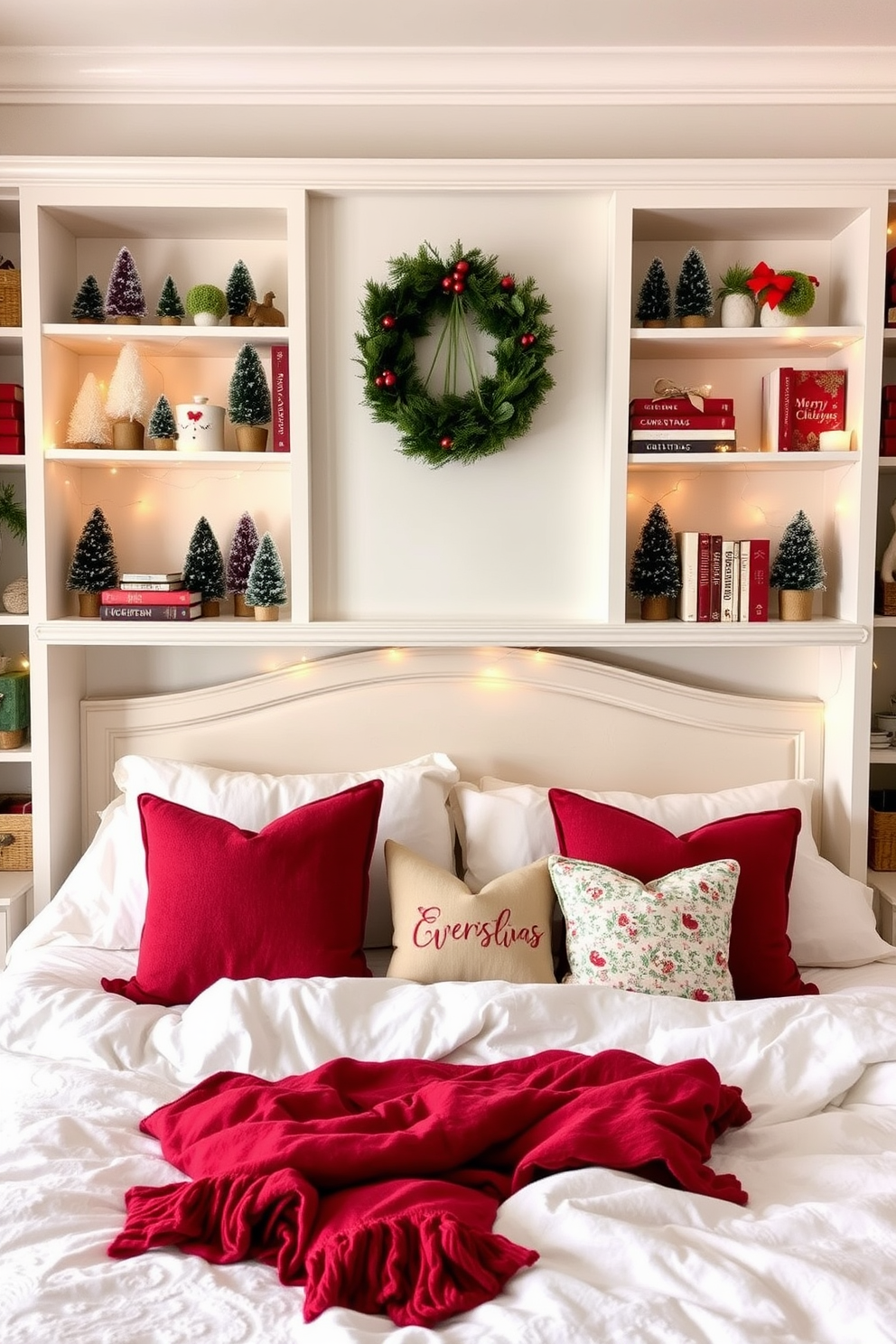 A cozy bedroom adorned with Christmas-themed decor. Shelves are filled with festive items like miniature Christmas trees, twinkling fairy lights, and holiday-themed books. Soft blankets and pillows in red and green hues are arranged on the bed. A small wreath hangs above the headboard, adding a touch of holiday spirit to the space.