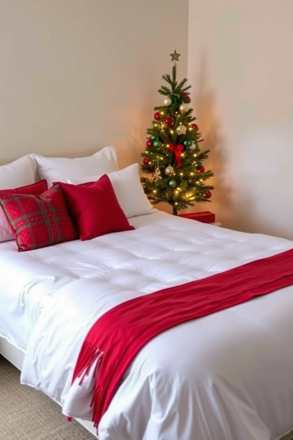 A cozy bedroom adorned for Christmas features a beautifully made bed with crisp white linens. Red and green throw pillows accent the bed, adding a festive touch to the warm ambiance. The walls are painted in a soft neutral tone, creating a serene backdrop for the holiday decor. A small Christmas tree in the corner, decorated with twinkling lights and ornaments, enhances the seasonal charm of the space.