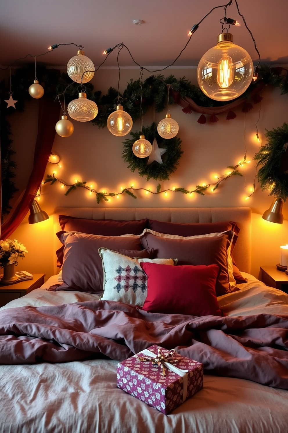 A cozy bedroom adorned with vintage ornaments hanging from the ceiling. The soft glow of warm fairy lights complements the festive decorations, creating an inviting atmosphere. The bed is dressed in luxurious linens with rich, deep colors that evoke a sense of warmth. A beautifully wrapped gift sits at the foot of the bed, adding to the holiday charm.