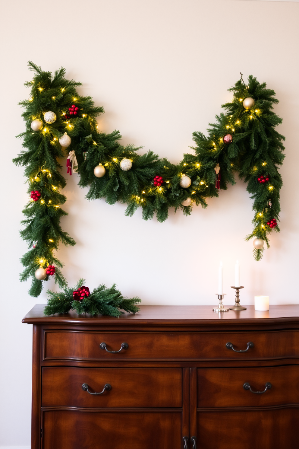 An elegant garland is gracefully draped over a beautifully crafted wooden dresser. The garland is adorned with twinkling lights and delicate ornaments, creating a warm and festive atmosphere. Soft, muted colors of the dresser complement the rich greens and reds of the garland. A few carefully placed candles on the dresser add a cozy glow to the Christmas decor.