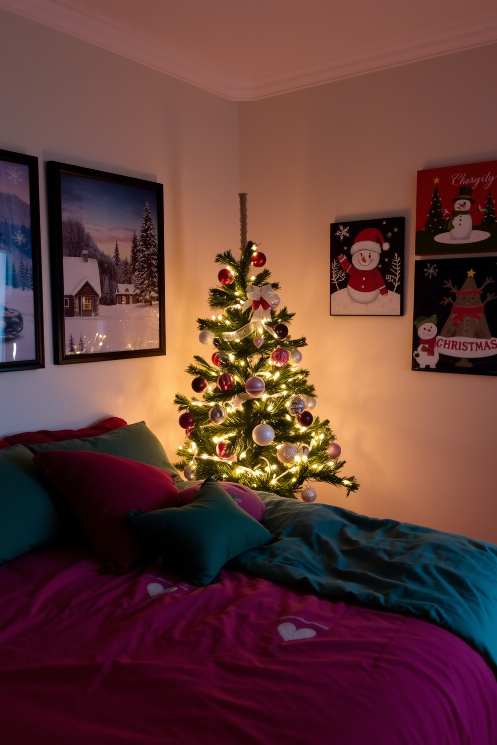 A cozy bedroom adorned with Christmas-themed artwork on the walls. The artwork features festive scenes such as snow-covered landscapes and cheerful holiday motifs. The bed is dressed in soft red and green linens, complemented by plush pillows. A beautifully decorated Christmas tree stands in the corner, twinkling with warm lights and colorful ornaments.