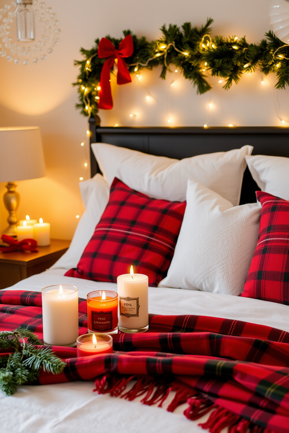 A cozy bedroom adorned with holiday spirit. The room features a beautifully made bed with festive red and green plaid bedding, accented by soft white pillows. On the bedside table, an assortment of scented candles in holiday fragrances like pine and cinnamon are elegantly arranged. Twinkling fairy lights drape across the headboard, adding a warm glow to the festive atmosphere.