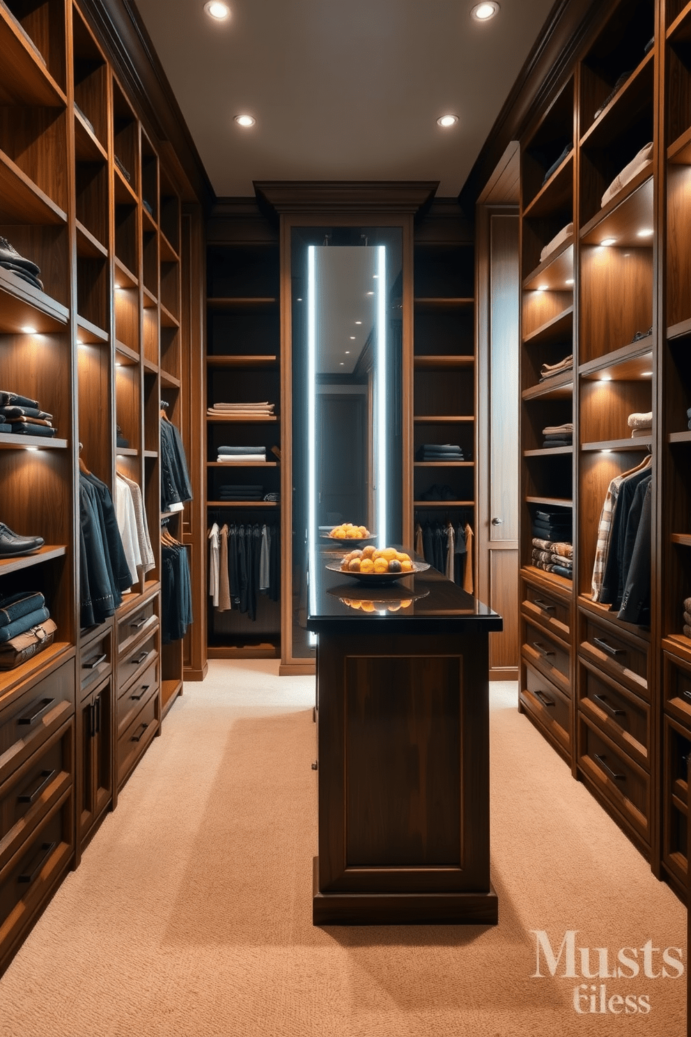 A spacious walk-in closet features an elegant island in the center for additional storage and display. The walls are lined with custom cabinetry, showcasing a mix of open shelving and closed drawers for organized storage solutions. Soft lighting illuminates the space, highlighting the rich wood finishes and plush carpeting underfoot. A full-length mirror is strategically placed to enhance the feeling of openness and allow for easy outfit selection.