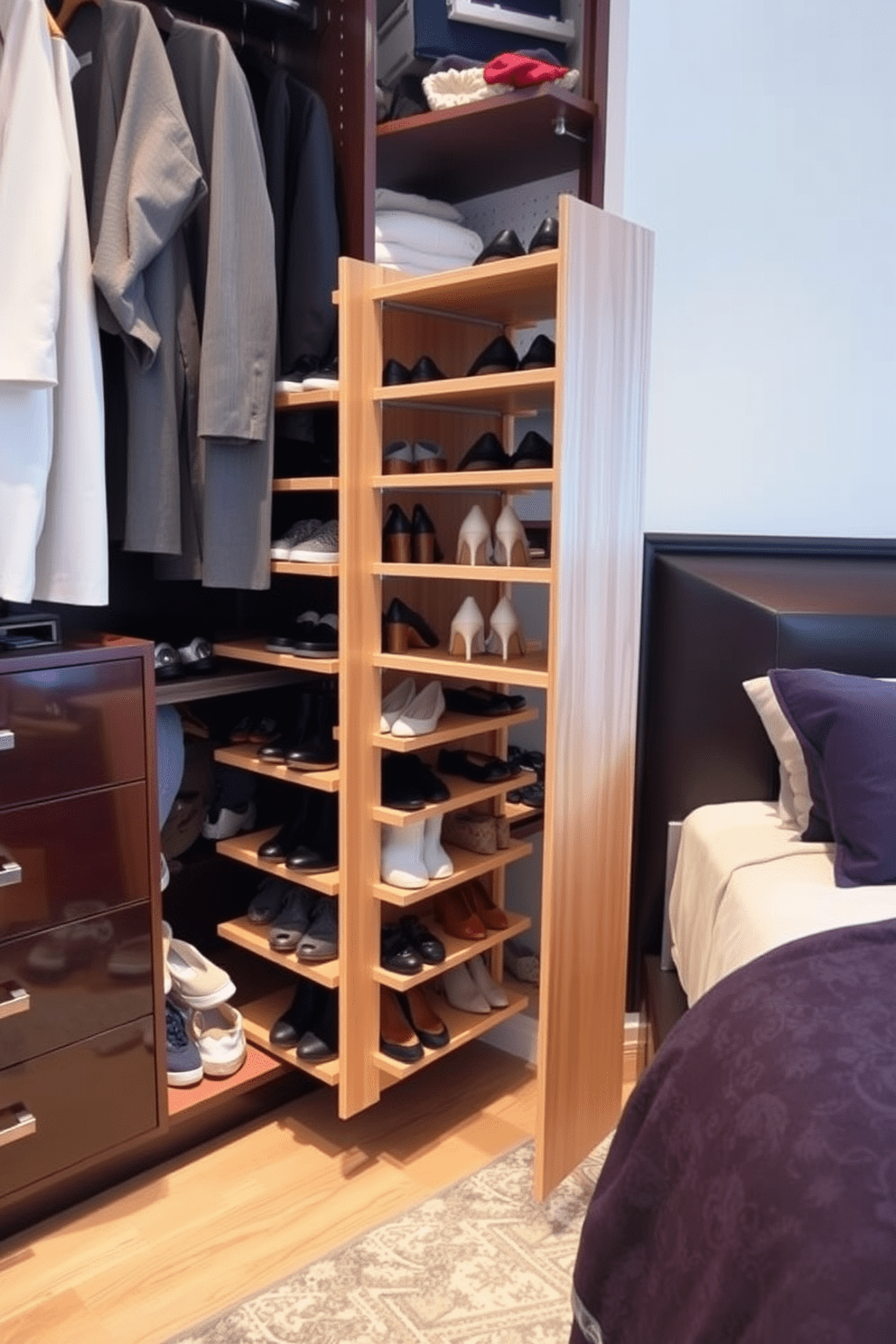 A stylish bedroom closet featuring pull-out shoe racks for organized footwear. The racks are elegantly designed with a sleek wood finish, providing easy access to a variety of shoes while maintaining a clutter-free space.