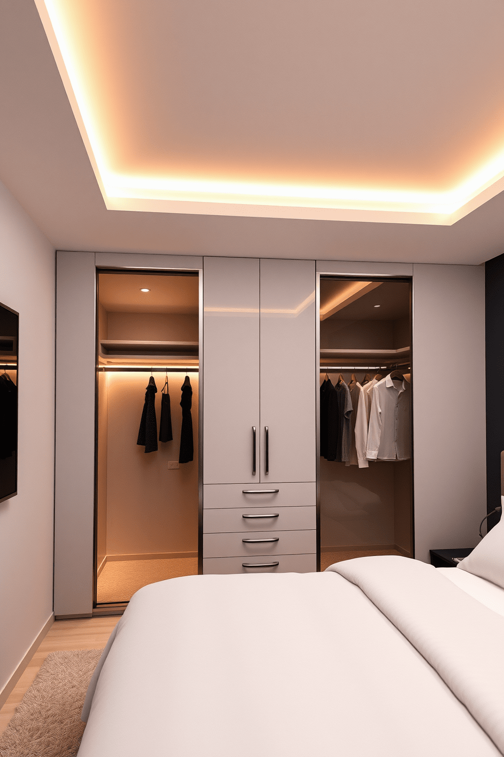 A modern bedroom featuring built-in lighting that creates a bright and inviting atmosphere. The closet design incorporates sleek sliding doors with a glossy finish and ample shelving for organization. The interior showcases warm LED lights integrated into the ceiling, illuminating the space with a soft glow. The closet space is designed with a combination of hanging rods and drawers, providing functionality and elegance.