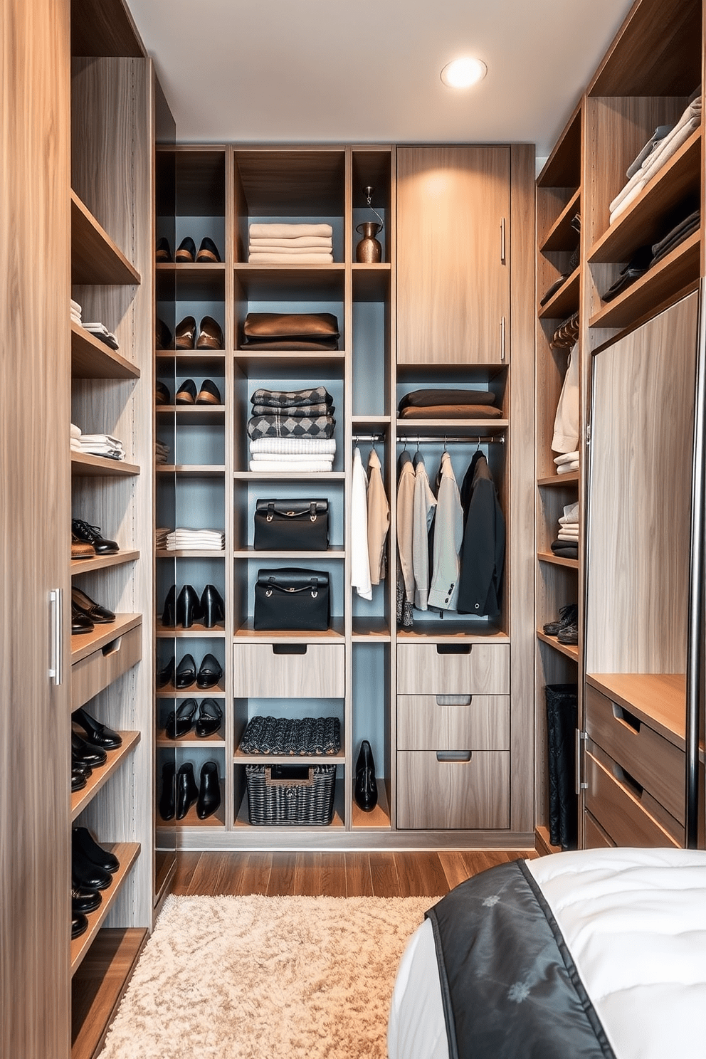 A modern bedroom closet designed with vertical storage solutions. The walls are lined with tall shelving units that reach the ceiling, providing ample space for shoes, bags, and folded clothes. Incorporated into the design are sliding drawers and baskets for easy access to smaller items. A full-length mirror is mounted on one side, enhancing the functionality and style of the closet.