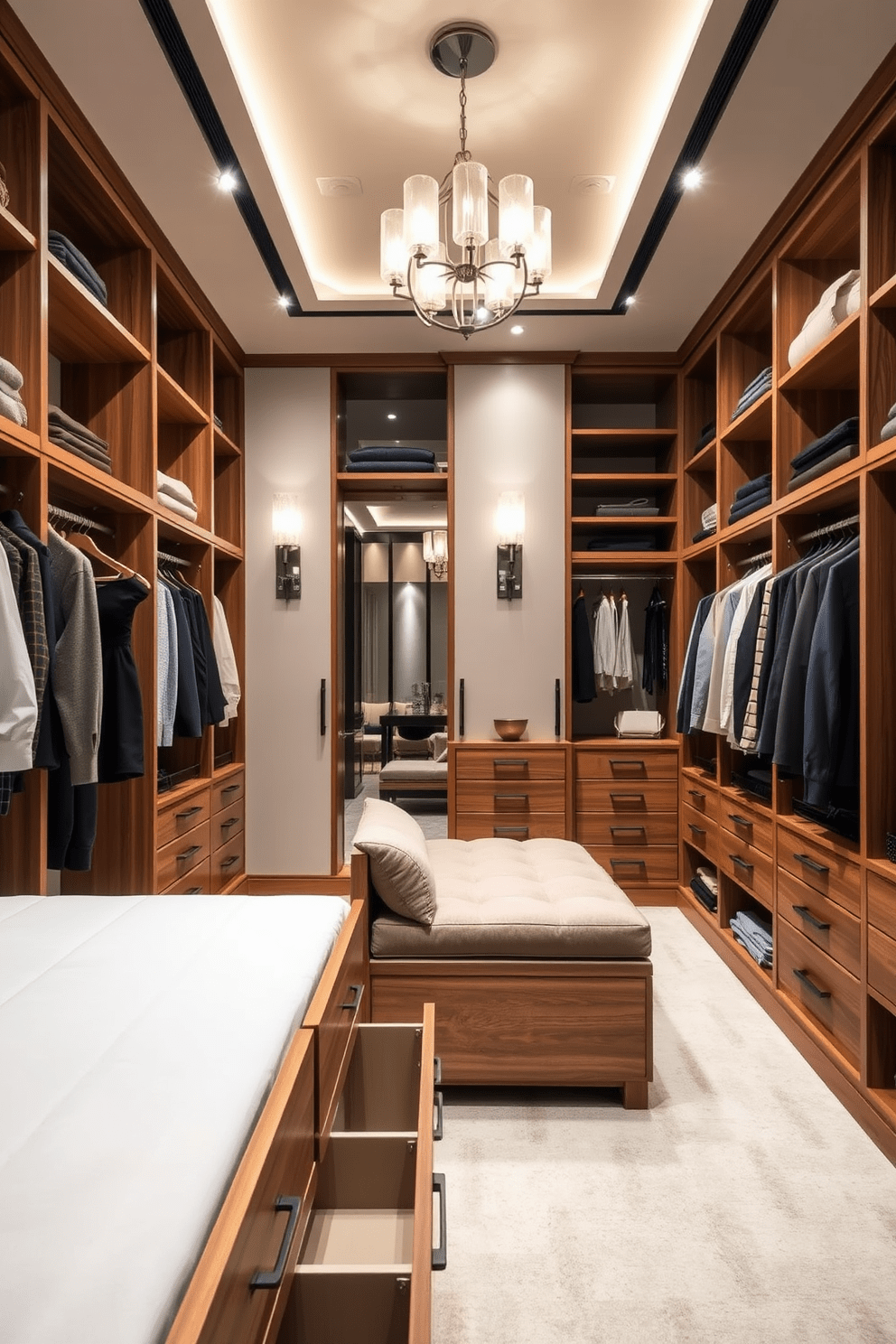 A luxurious bedroom closet featuring soft-close drawers for quiet functionality. The space is organized with a mix of hanging rods and shelving, all finished in a warm wood tone. The closet includes a central island with additional storage and a plush seating area. Elegant lighting fixtures illuminate the space, enhancing the sophisticated atmosphere.