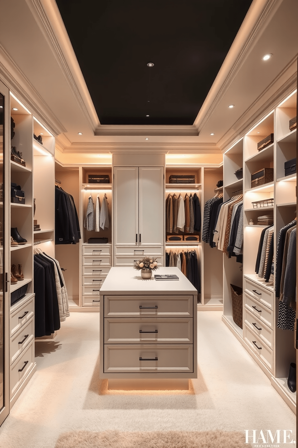 A beautifully designed bedroom closet featuring elegant accent lighting that highlights key features. The closet is spacious with custom shelving, hanging areas, and a stylish island in the center. The walls are painted in a soft neutral tone, creating a warm and inviting atmosphere. The accent lighting is strategically placed to illuminate the clothing and accessories, enhancing the overall aesthetic.