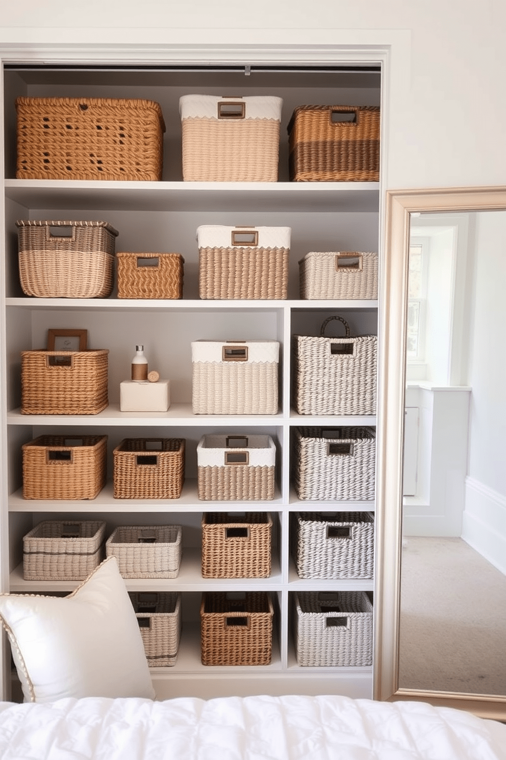 A chic bedroom closet featuring decorative baskets for stylish storage. The closet is organized with a mix of woven and fabric baskets in neutral tones, neatly arranged on open shelving. Soft lighting illuminates the space, highlighting the textures of the baskets. A full-length mirror is positioned nearby, adding functionality and a sense of openness to the design.