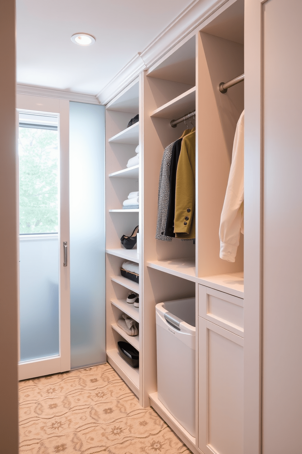 A stylish bedroom closet featuring an integrated laundry hamper for convenience. The closet includes custom shelving and hanging space, with a sleek design that maximizes storage while maintaining a clean aesthetic. Natural light filters in through a frosted glass door, illuminating the organized space. The integrated laundry hamper is seamlessly built into the cabinetry, allowing for easy access and a tidy appearance.