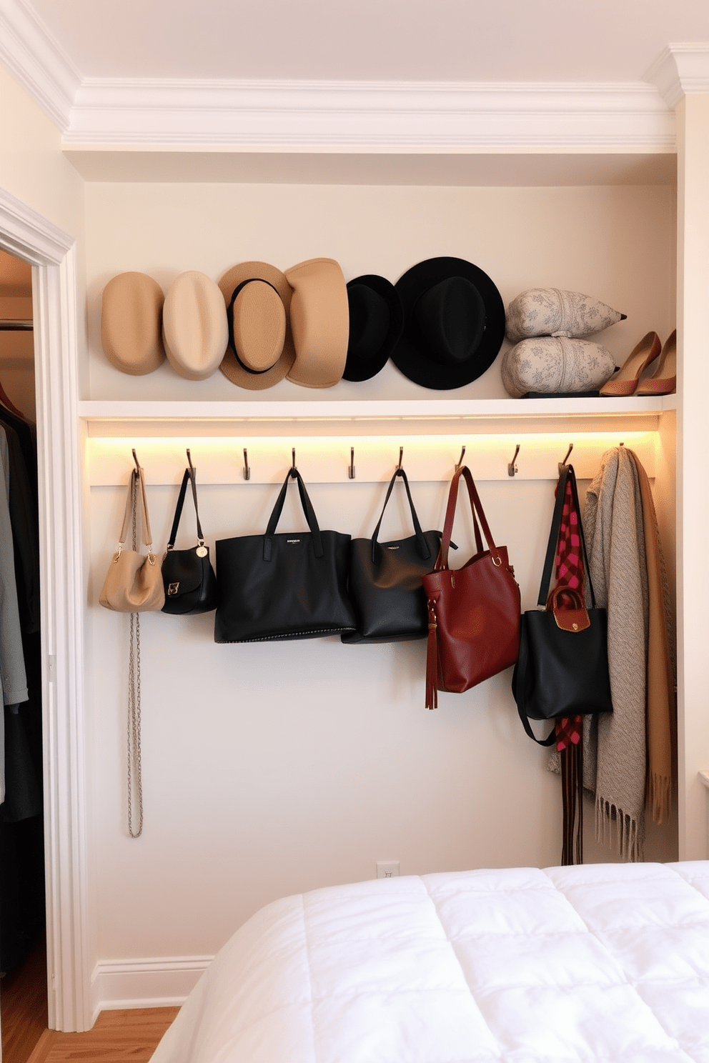 A stylish bedroom closet features wall-mounted hooks arranged in an aesthetically pleasing manner, showcasing various accessories such as hats, bags, and scarves. The closet is designed with a soft color palette, complemented by warm lighting that highlights the neatly organized items.