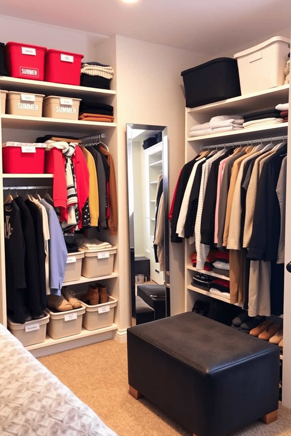 A well-organized bedroom closet featuring seasonal wardrobe rotation. Labeled bins are neatly arranged on shelves, with summer clothes in vibrant colors and winter attire in muted tones. The closet includes a full-length mirror and a stylish ottoman for seating. Soft lighting enhances the ambiance, making it easy to select outfits for any occasion.