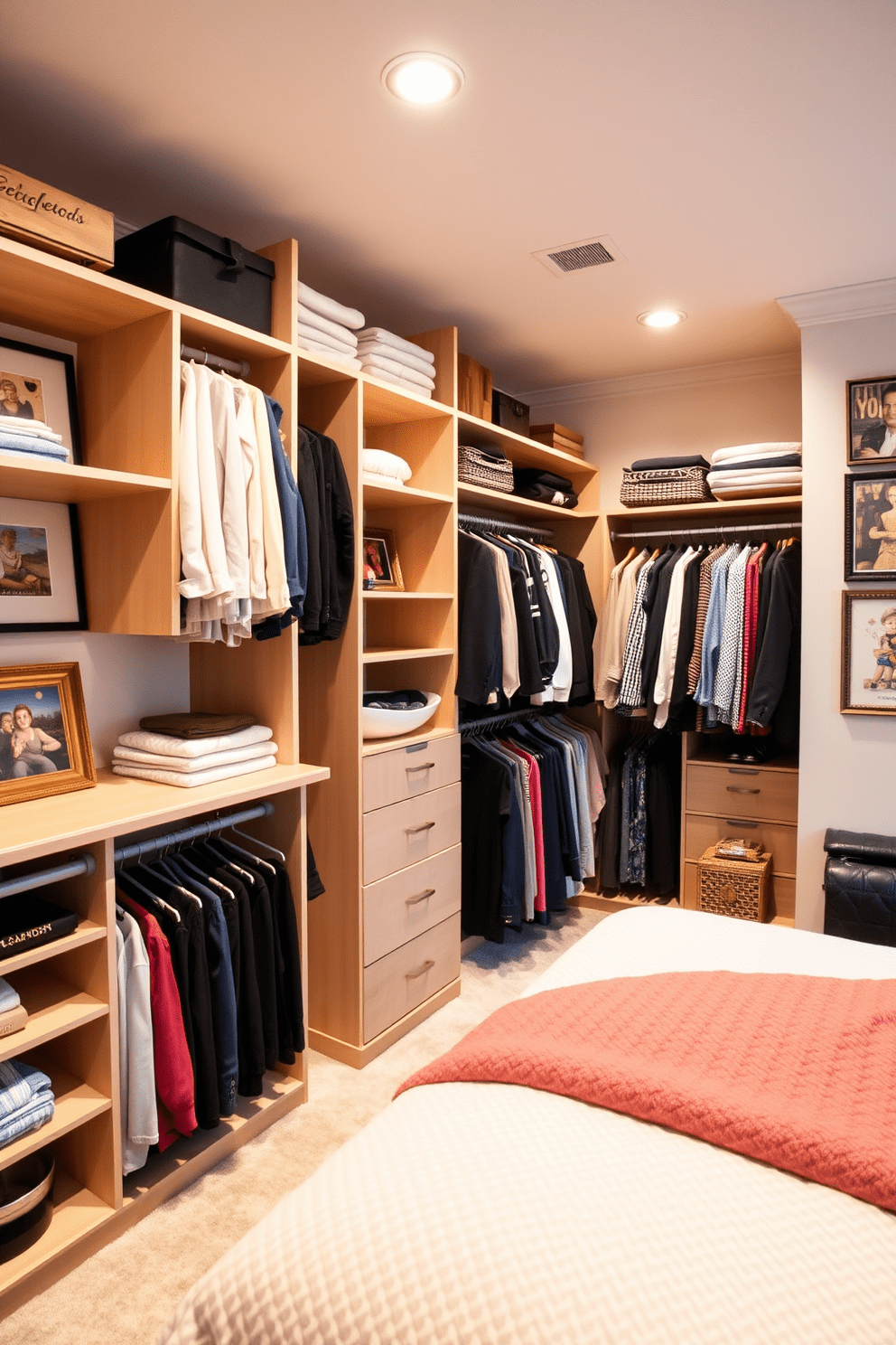 A spacious bedroom closet featuring custom shelving and hanging space designed to maximize organization and accessibility. The walls are adorned with personalized artwork that reflects the homeowner's unique style, creating an inviting and stylish atmosphere.