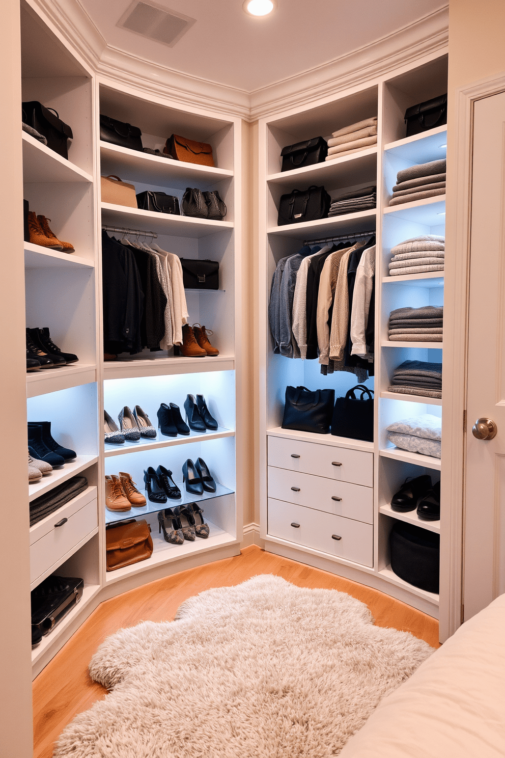 A cozy bedroom closet features corner shelving units that maximize storage while maintaining an elegant aesthetic. The shelves are filled with neatly organized shoes, bags, and folded clothes, creating a visually appealing display. The closet walls are painted in a soft neutral tone, enhancing the light from the built-in LED lights. A plush area rug lies on the floor, adding warmth and comfort to the space.