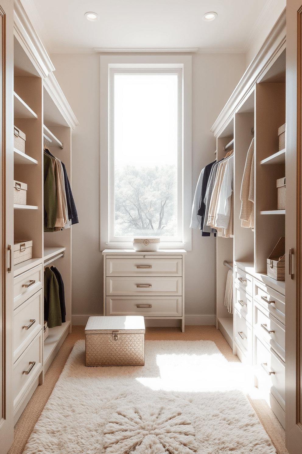 A serene bedroom closet featuring a neutral color palette that promotes a calming effect. The closet is designed with custom-built shelving and hanging space, finished in soft beige and light gray tones. Natural light filters through a frosted glass window, illuminating the space and highlighting the elegant organization. A plush area rug in a subtle pattern adds warmth underfoot, while decorative storage boxes maintain a tidy appearance.