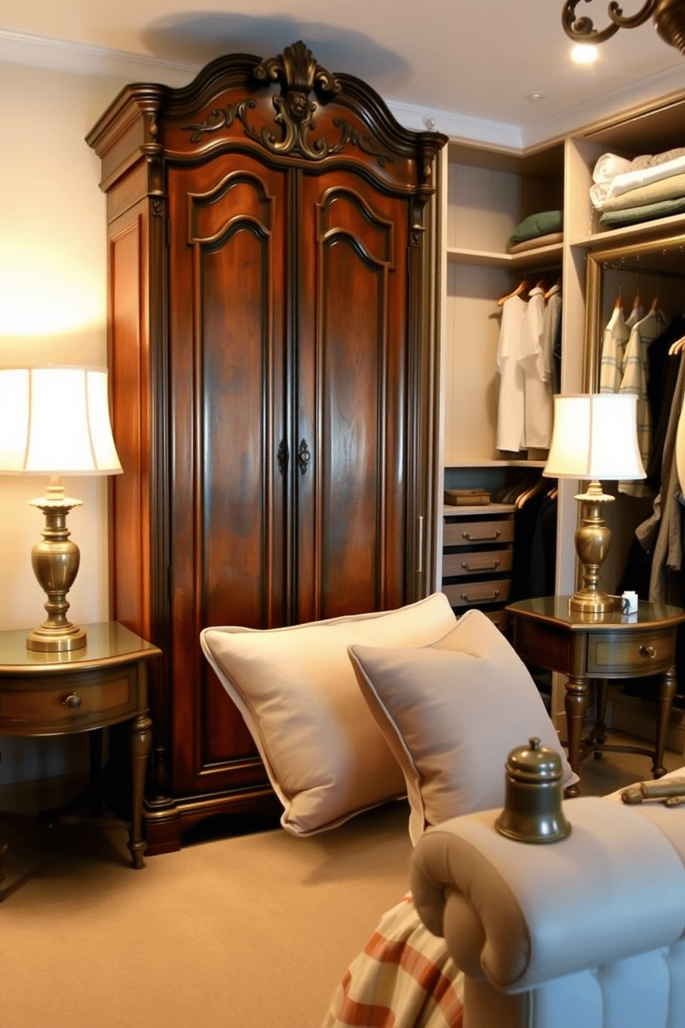 Vintage furniture pieces for unique charm. A beautifully restored wooden armoire stands against the wall, showcasing intricate carvings and a rich patina. A pair of elegant nightstands, each with a distressed finish, flank a plush upholstered bed. Antique brass lamps with soft, warm light sit atop the nightstands, adding to the cozy ambiance. Bedroom closet design ideas. A spacious walk-in closet features custom shelving and hanging space, designed to accommodate a variety of clothing sizes. Soft lighting illuminates the space, while a large mirror reflects the stylish organization and personal touches throughout.