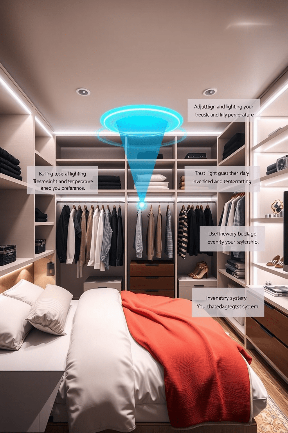 A modern bedroom closet designed with smart technology for automated organization. The closet features built-in sensors that adjust lighting and temperature based on user preferences, ensuring a comfortable environment. Sleek, modular shelving units optimize space while providing easy access to clothing and accessories. A digital inventory system tracks items and suggests outfits, enhancing the overall efficiency of the closet.