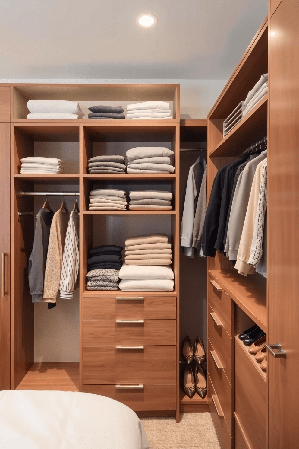 A modern bedroom closet featuring open shelving for easy access and visibility. The shelves are lined with neatly folded sweaters and organized shoes, creating a visually appealing display. Incorporating a combination of hanging rods and drawers for versatile storage solutions. Soft lighting highlights the contents, making it a functional yet stylish space.