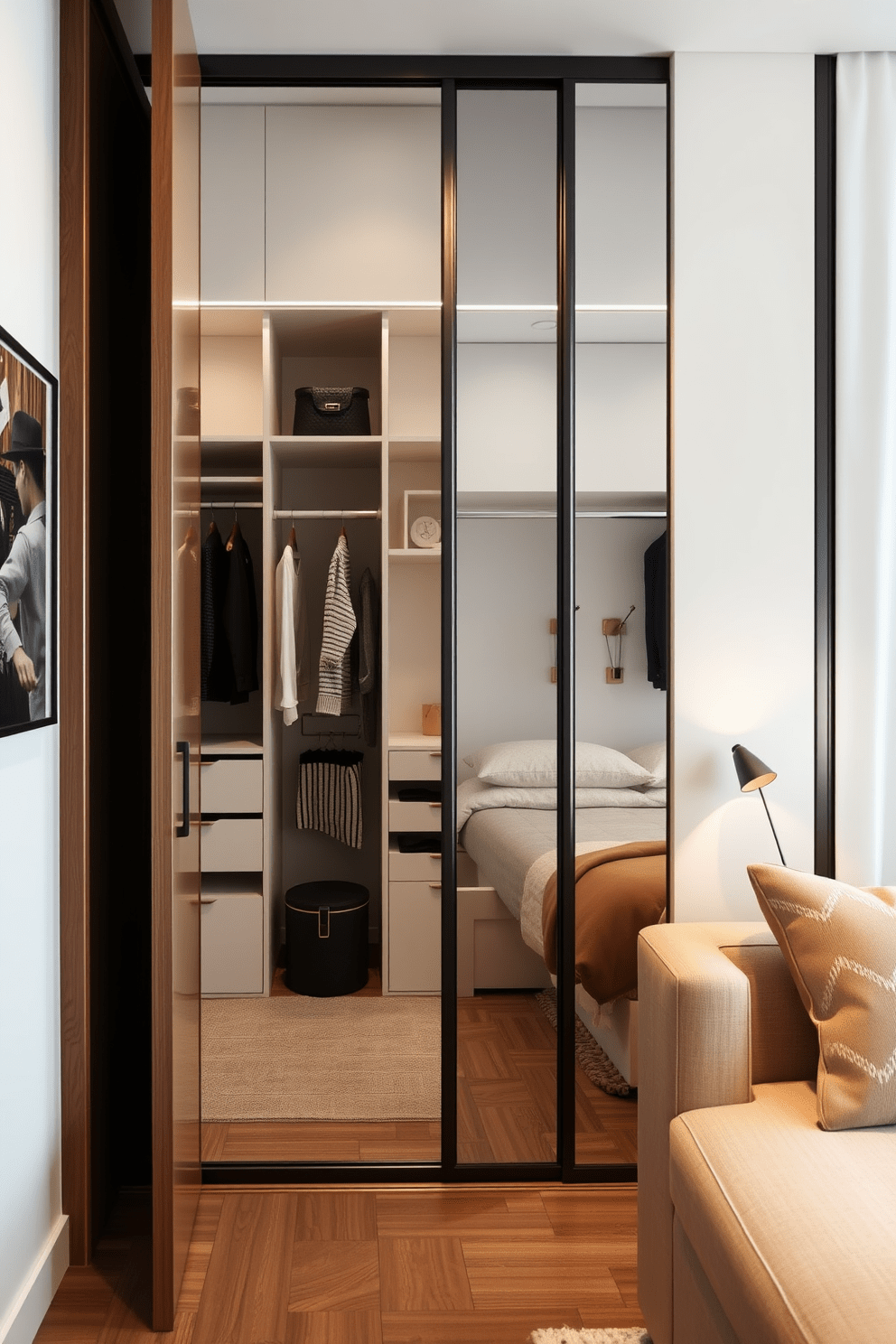 A cozy studio apartment featuring a multifunctional layout. The living area seamlessly transitions into a sleeping nook with a stylish foldable bed and built-in shelving. A modern bedroom closet design with sliding mirrored doors. Inside, custom shelving and hanging space maximize storage while maintaining an organized aesthetic.