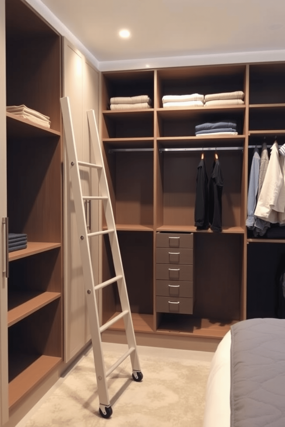 A spacious bedroom closet featuring a modern design with ladder access for high storage areas. The closet includes built-in shelves and hanging rods, with a stylish ladder on wheels for easy access to the upper shelves.