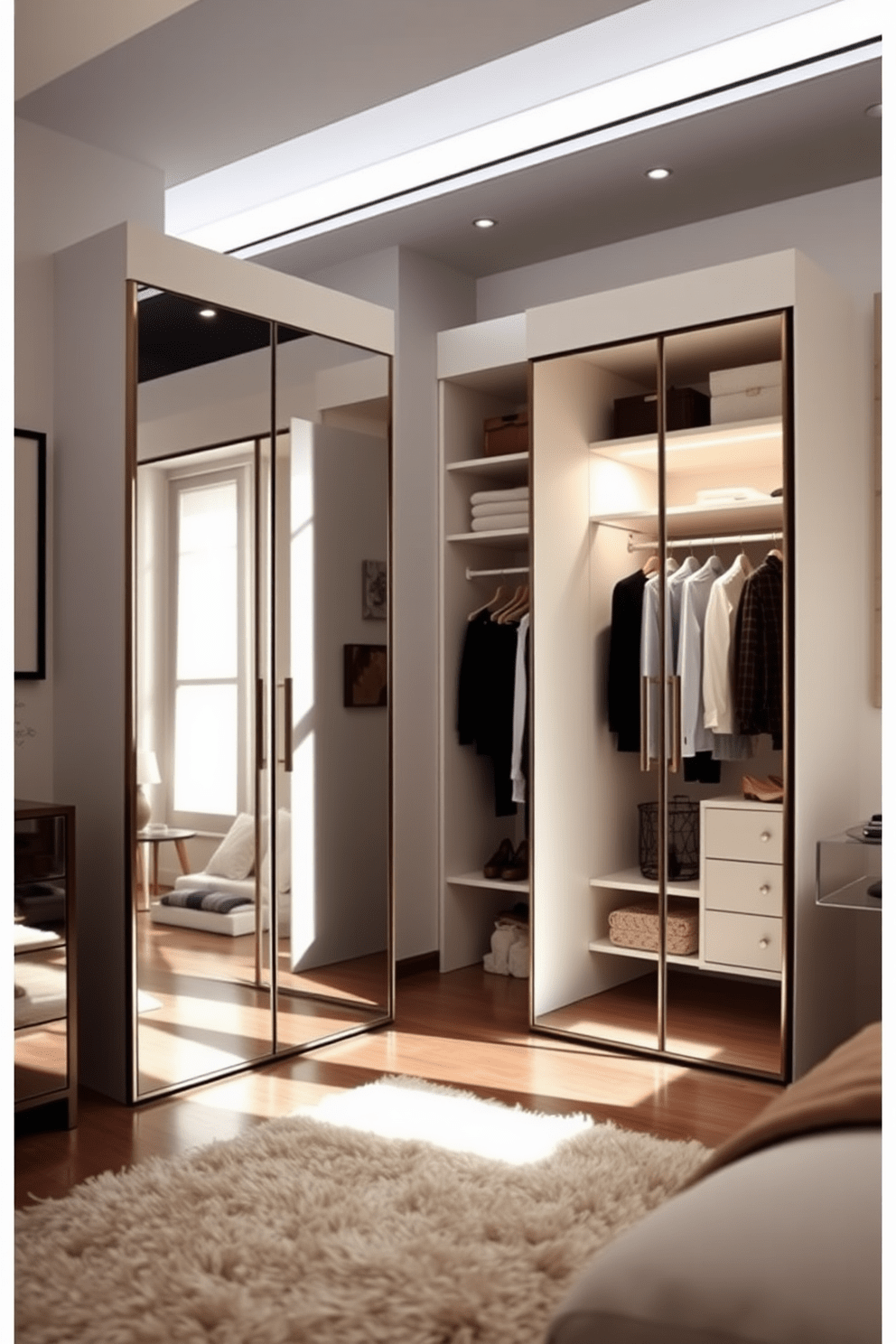 A stylish bedroom closet with mirrored doors that reflect natural light, creating an airy and spacious feel. The interior features organized shelving and hanging space for clothes, with soft lighting illuminating the elegant design. The mirrored doors add a contemporary touch while maximizing the brightness of the room. A plush area rug and decorative accents complete the look, making it both functional and inviting.