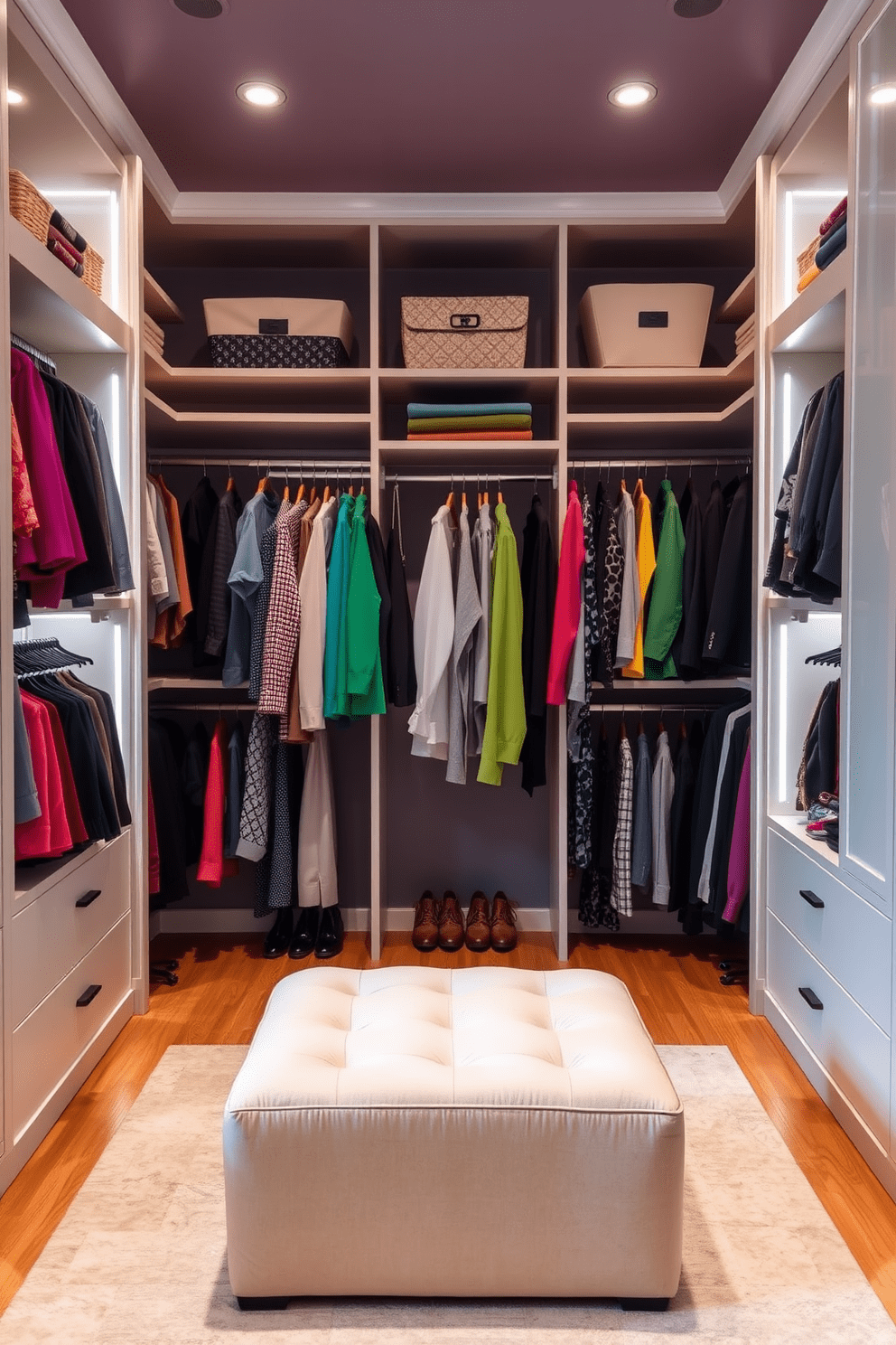 A spacious bedroom closet featuring color-coded organization for a stylish touch. Shelves and hanging rods are neatly arranged with clothing organized by hue, creating a visually appealing gradient effect. The closet includes built-in lighting that highlights the organized garments, enhancing the overall aesthetic. A plush ottoman sits in the center, providing a comfortable spot for dressing and accessorizing.