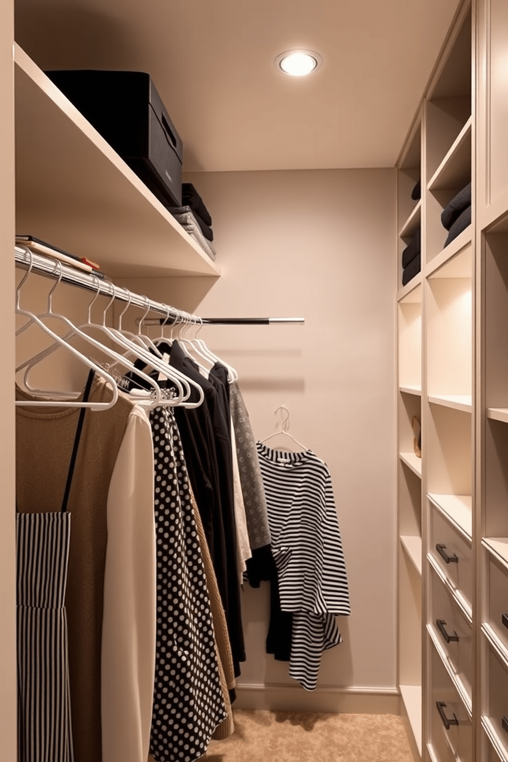 A stylish bedroom closet featuring hanging rods at varying heights to accommodate different clothing types. The walls are lined with built-in shelving and soft lighting enhances the organized space.