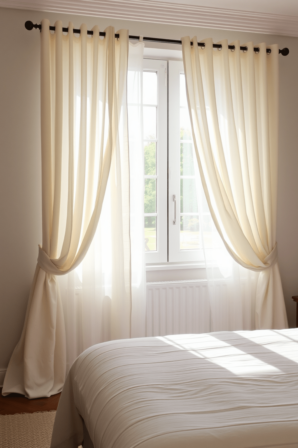 A serene bedroom setting with sheer linen curtains that allow natural light to filter through softly. The curtains are elegantly draped to create an airy and inviting atmosphere, enhancing the overall tranquility of the space.