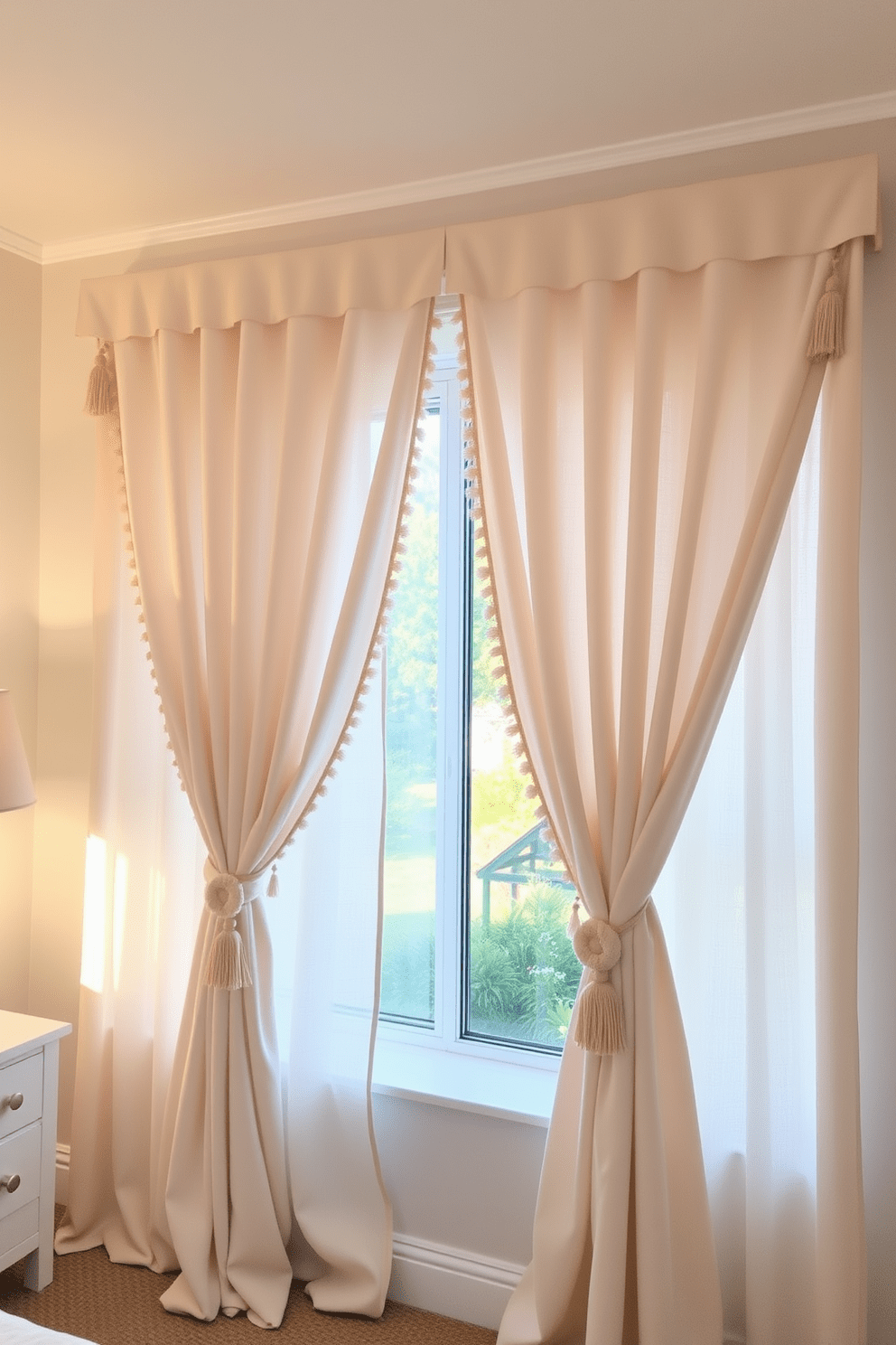 A cozy bedroom adorned with soft curtains featuring playful tassels that add a touch of whimsy. The curtains are made of light, airy fabric in a pastel color, gently draping to the floor and framing a large window that lets in natural light. The tassels hang from the curtain edges, providing a fun contrast to the elegant fabric. The overall design creates a serene and inviting atmosphere, perfect for relaxation and rest.