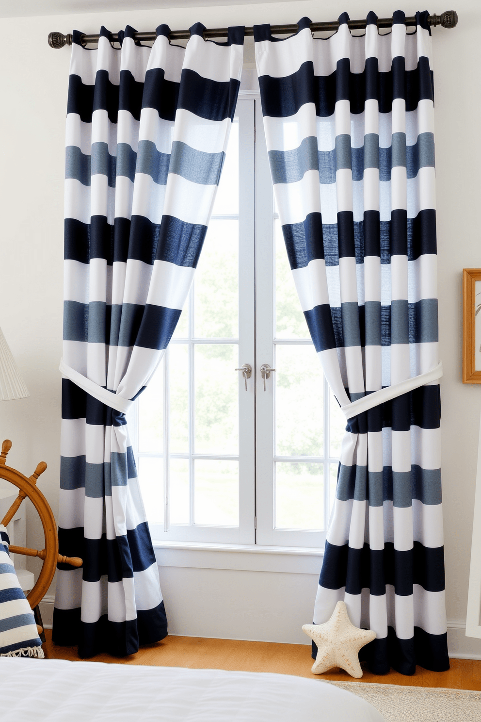 A nautical-themed bedroom features striped curtains in shades of navy blue and white, creating a fresh and breezy atmosphere. The curtains elegantly frame a large window, allowing natural light to filter through while enhancing the coastal vibe of the room. The fabric is lightweight and flowing, adding a sense of movement and softness to the space. Paired with nautical-themed decor elements like a ship wheel and seashell accents, the curtains complete the look of a serene seaside retreat.