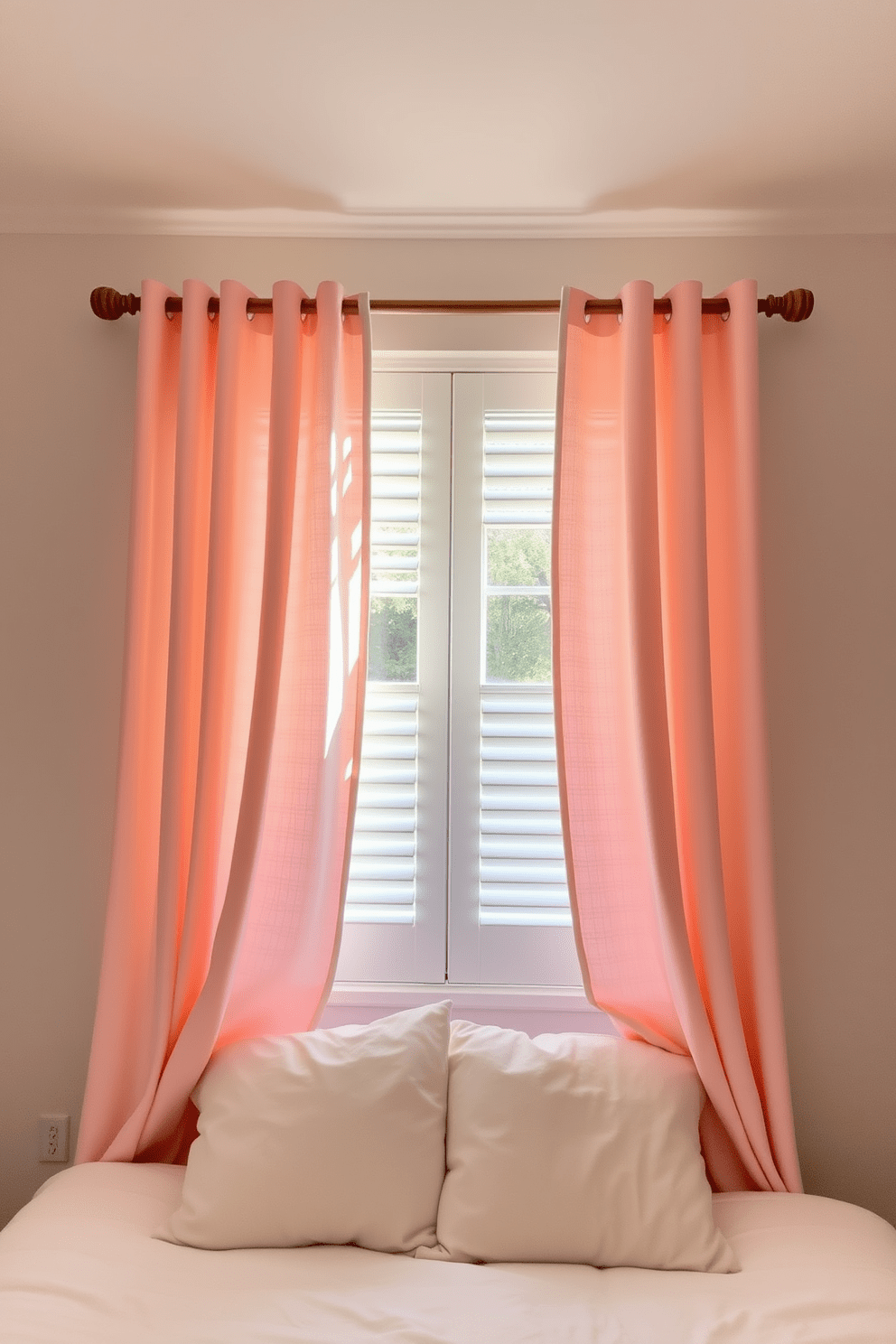 A serene bedroom setting adorned with pastel colored curtains that gently filter the light. The curtains drape elegantly from a polished wooden rod, creating a soft and inviting atmosphere throughout the room. The walls are painted in a light neutral tone, complementing the delicate hues of the curtains. A cozy bed with fluffy pillows sits beneath the window, enhancing the tranquil vibe of the space.