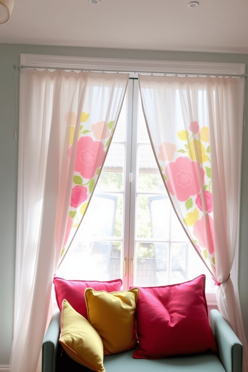 Brightly colored curtains frame a large window, allowing natural light to flood the room and energize the space. The curtains feature a bold floral pattern that complements the soft pastel walls, creating a lively and inviting atmosphere. Layered with sheer white panels, the curtains provide privacy while maintaining an airy feel. A cozy reading nook is positioned nearby, adorned with plush cushions that echo the vibrant colors of the curtains.