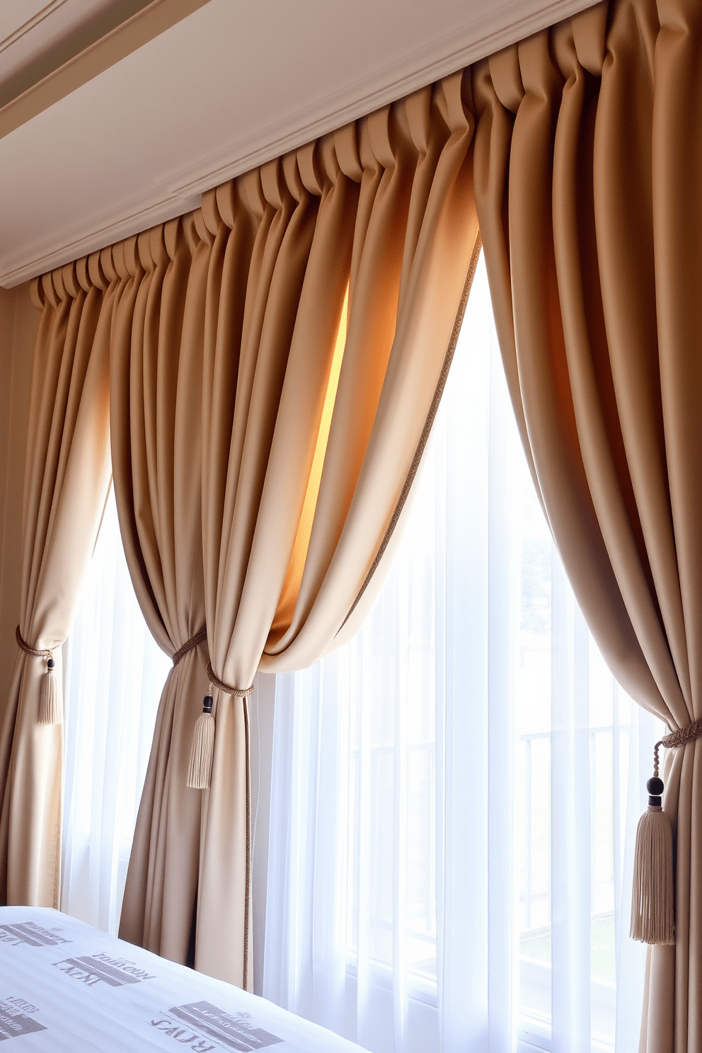 A serene bedroom setting featuring elegant curtains with tiebacks that enhance the classic charm of the space. The curtains are made of a luxurious fabric in soft neutral tones, allowing natural light to filter through beautifully. The tiebacks are adorned with decorative tassels, adding a touch of sophistication. The overall ambiance is warm and inviting, perfect for a restful retreat.