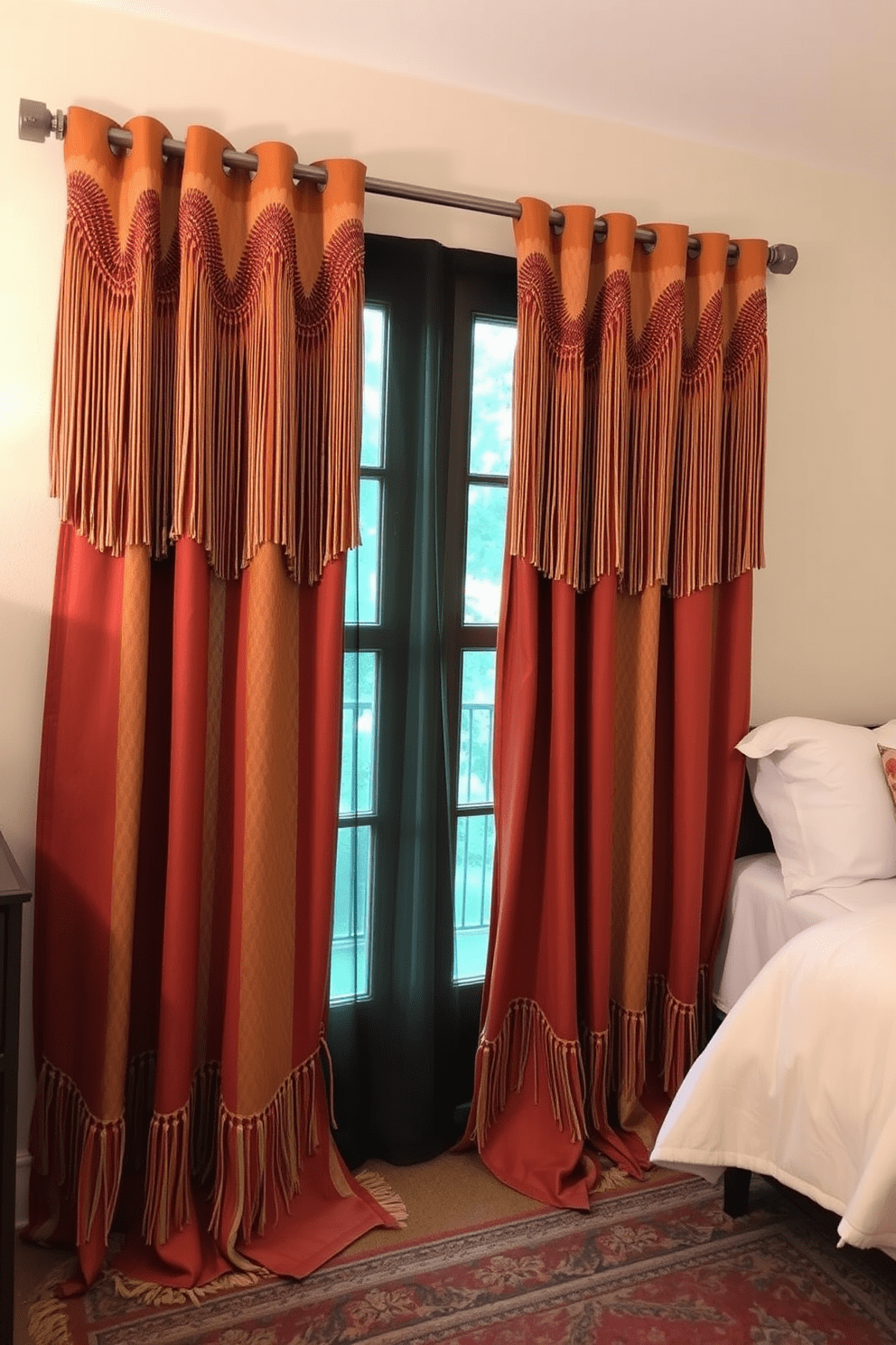 A cozy bedroom featuring bohemian style curtains adorned with fringe accents that flow elegantly to the floor. The curtains are a vibrant mix of earthy tones, allowing soft light to filter through while adding a touch of warmth to the space.