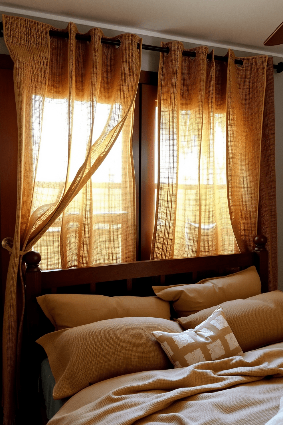 A cozy bedroom adorned with rustic burlap curtains that gently filter sunlight, creating a warm and inviting atmosphere. The curtains are complemented by a wooden bed frame, layered with soft, textured bedding in earth tones.