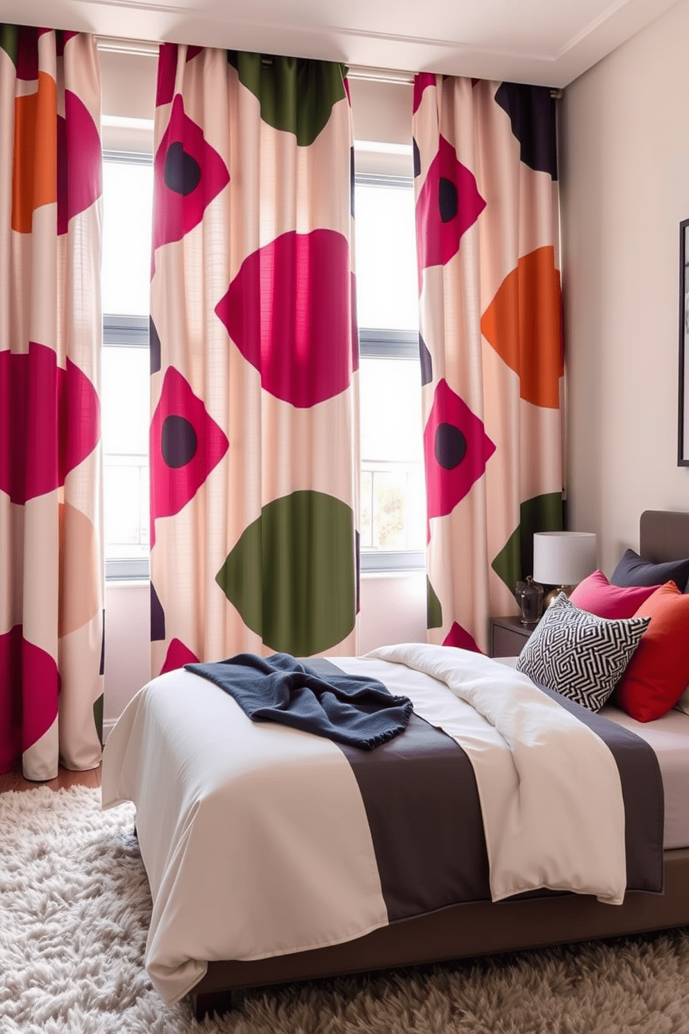 A modern bedroom featuring bold geometric patterns on the curtains adds a striking visual element to the space. The curtains are made of a lightweight fabric that allows natural light to filter through while showcasing vibrant shapes in contrasting colors. The bedding complements the curtain design with a mix of solid colors and subtle patterns. A plush area rug anchors the room, enhancing the contemporary aesthetic and providing a cozy feel underfoot.