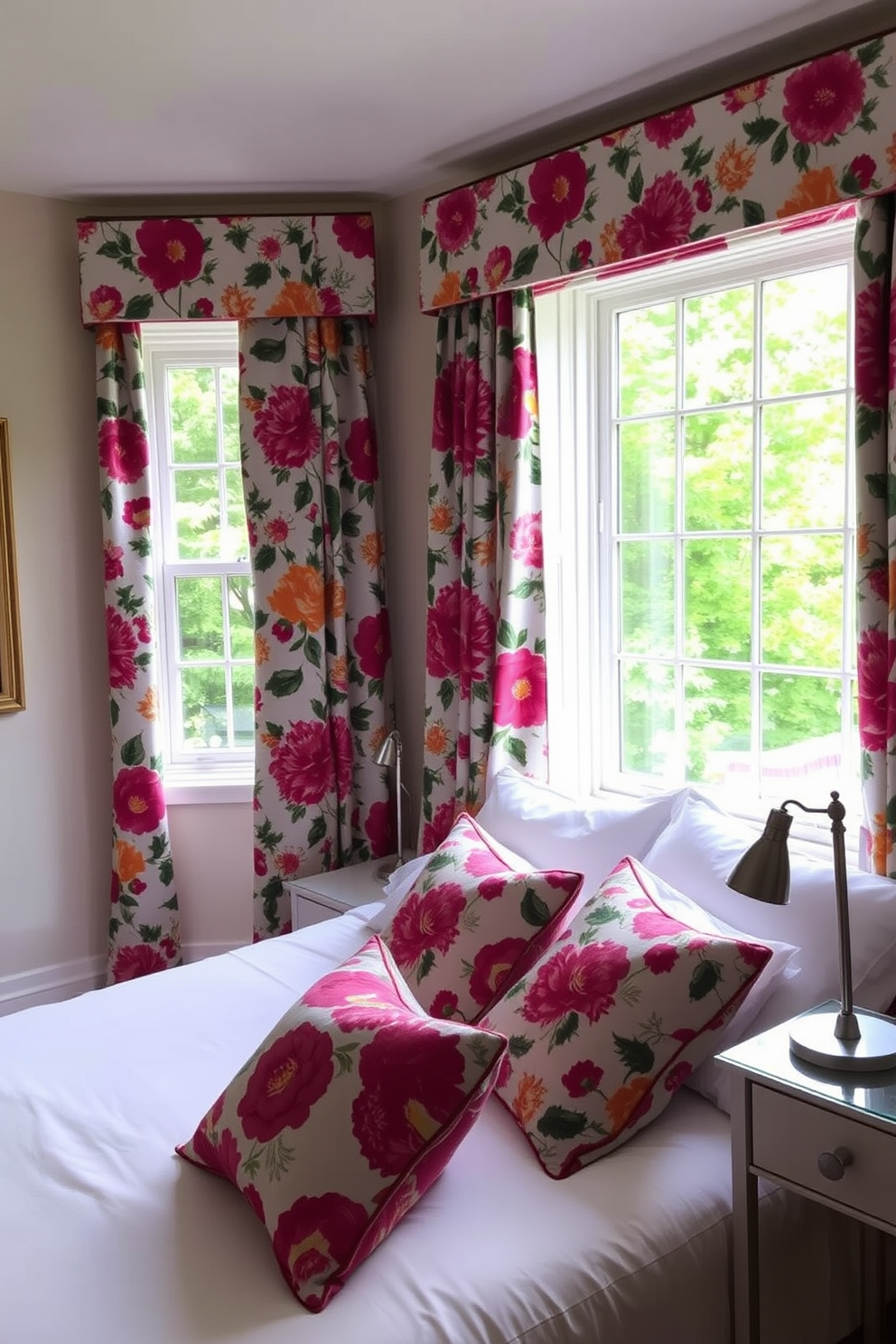 A cozy bedroom featuring custom printed curtains that showcase a vibrant floral pattern. The curtains frame a large window, allowing natural light to filter through while adding a pop of color to the serene space. The bedding is a soft white with accent pillows that complement the curtain design. A stylish bedside table holds a small lamp, enhancing the inviting atmosphere of the room.