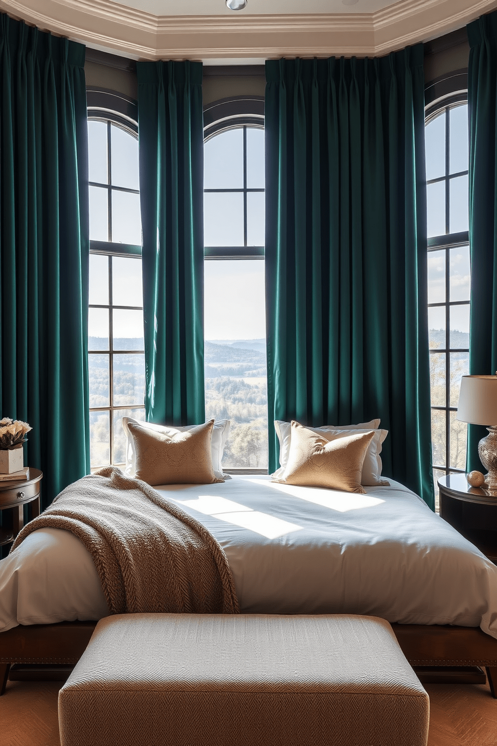 A luxurious bedroom featuring floor-to-ceiling curtains that create a dramatic effect. The curtains are made of a rich velvet fabric in a deep emerald green, framing a large window that overlooks a serene landscape. The bedding is plush and inviting, with layers of soft pillows and a textured throw at the foot of the bed. The overall color palette is balanced with warm neutrals and gold accents, enhancing the elegant atmosphere of the space.