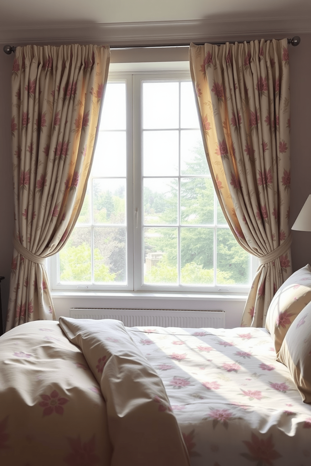 A serene bedroom ambiance featuring patterned curtains that beautifully complement the bedding. The curtains are made of soft fabric with a floral design in pastel colors, gracefully framing a large window that allows natural light to flood the room.