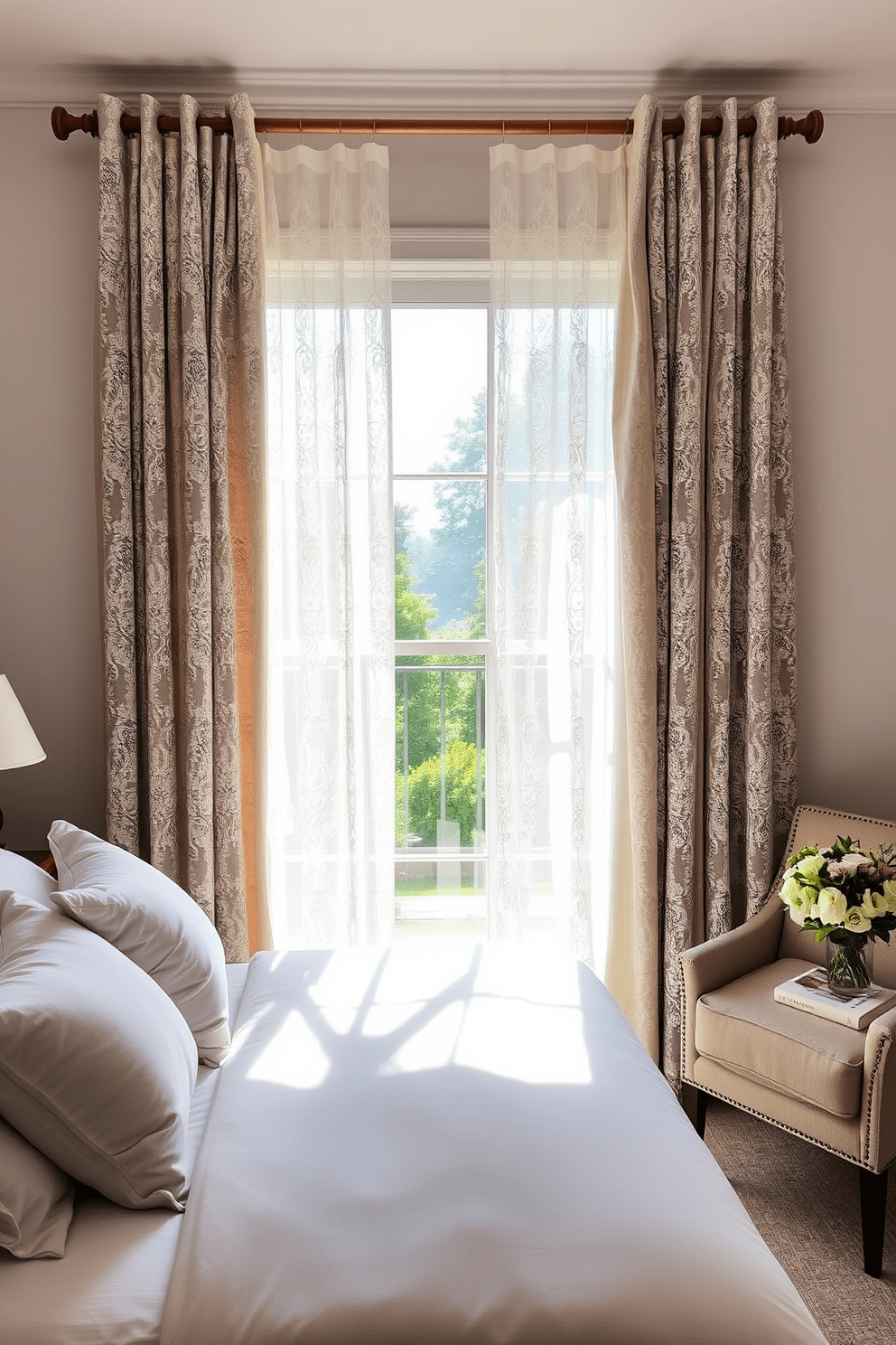 A serene bedroom setting featuring lace curtains that gently filter sunlight, creating a delicate and romantic atmosphere. The curtains are hung from a polished wooden rod, framing a large window that overlooks a tranquil garden. The bed is dressed in soft, neutral tones with plush pillows, complementing the airy feel of the lace. A cozy reading nook is positioned nearby, with a comfortable chair and a small side table adorned with a fresh bouquet.