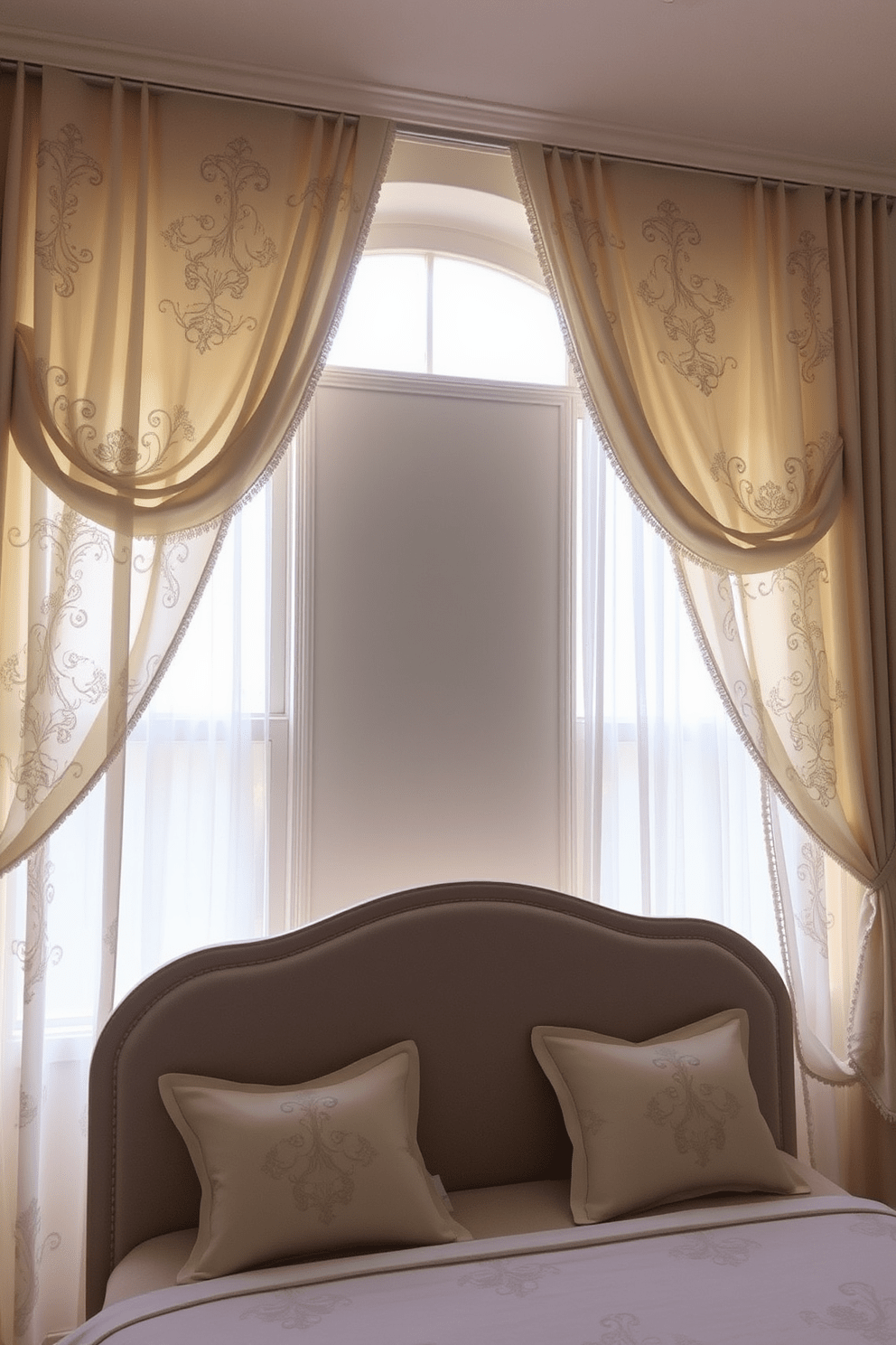 A serene bedroom adorned with elegant curtains featuring intricate embroidery. The curtains frame a large window, allowing soft natural light to filter through while adding a touch of sophistication to the space. The fabric showcases a delicate floral pattern in muted tones, complementing the neutral color palette of the room. Paired with a plush headboard and coordinating bedding, these curtains enhance the overall ambiance of comfort and style.