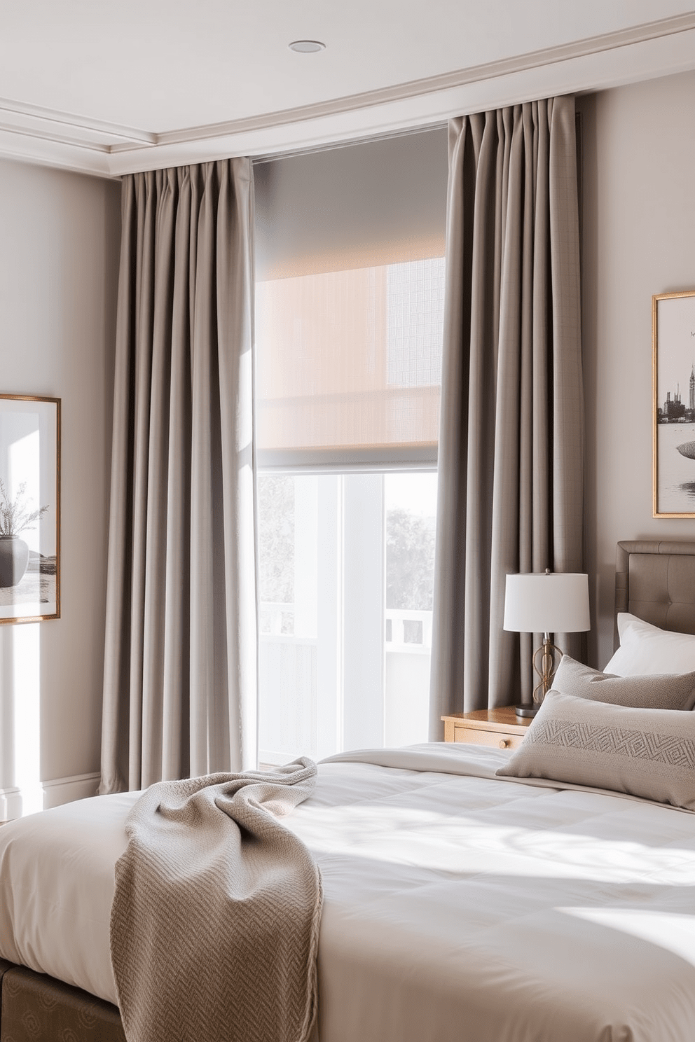 A modern bedroom featuring smart curtains that can be controlled remotely. The curtains are made of a luxurious fabric in a soft gray color, complementing the overall decor of the room. The bed is positioned against a feature wall adorned with elegant artwork. Natural light filters through the smart curtains, creating a warm and inviting atmosphere.