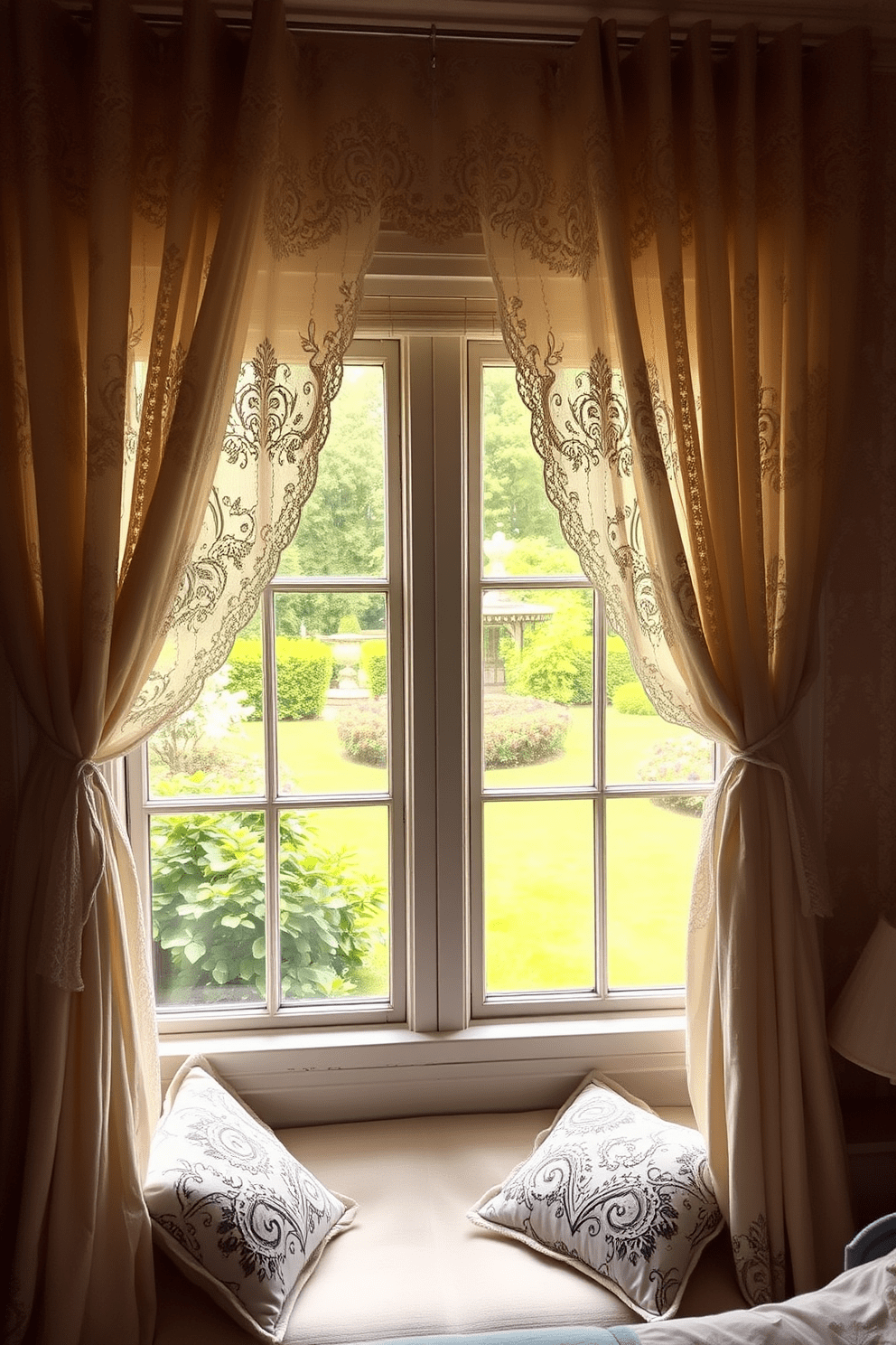 A cozy bedroom adorned with vintage lace curtains that softly filter the sunlight, creating a warm and inviting atmosphere. The delicate patterns of the lace add a touch of nostalgia, complementing the soft pastel color palette of the room. The curtains frame a large window that overlooks a serene garden, enhancing the tranquil vibe of the space. Beneath the window, a plush window seat invites relaxation, adorned with cushions that echo the lace's intricate designs.