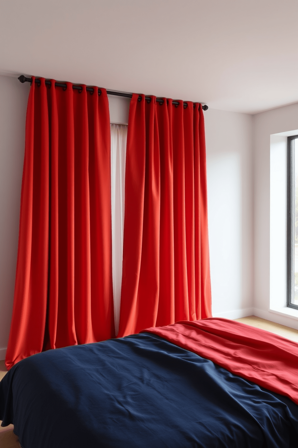 A minimalist bedroom featuring bold solid colors. The curtains are made from a vibrant fabric that contrasts beautifully with the neutral walls, creating a striking focal point in the room.