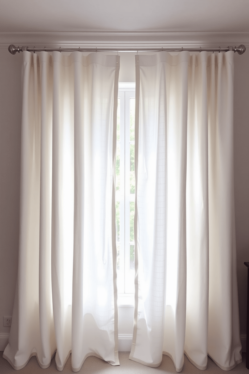 Classic white drapes frame a spacious bedroom window, allowing soft natural light to filter through. The fabric cascades gracefully to the floor, creating an airy and serene atmosphere. Pair the drapes with a sleek, modern curtain rod to enhance the overall aesthetic. Consider adding subtle texture or pattern to the drapes for added depth while maintaining a classic look.