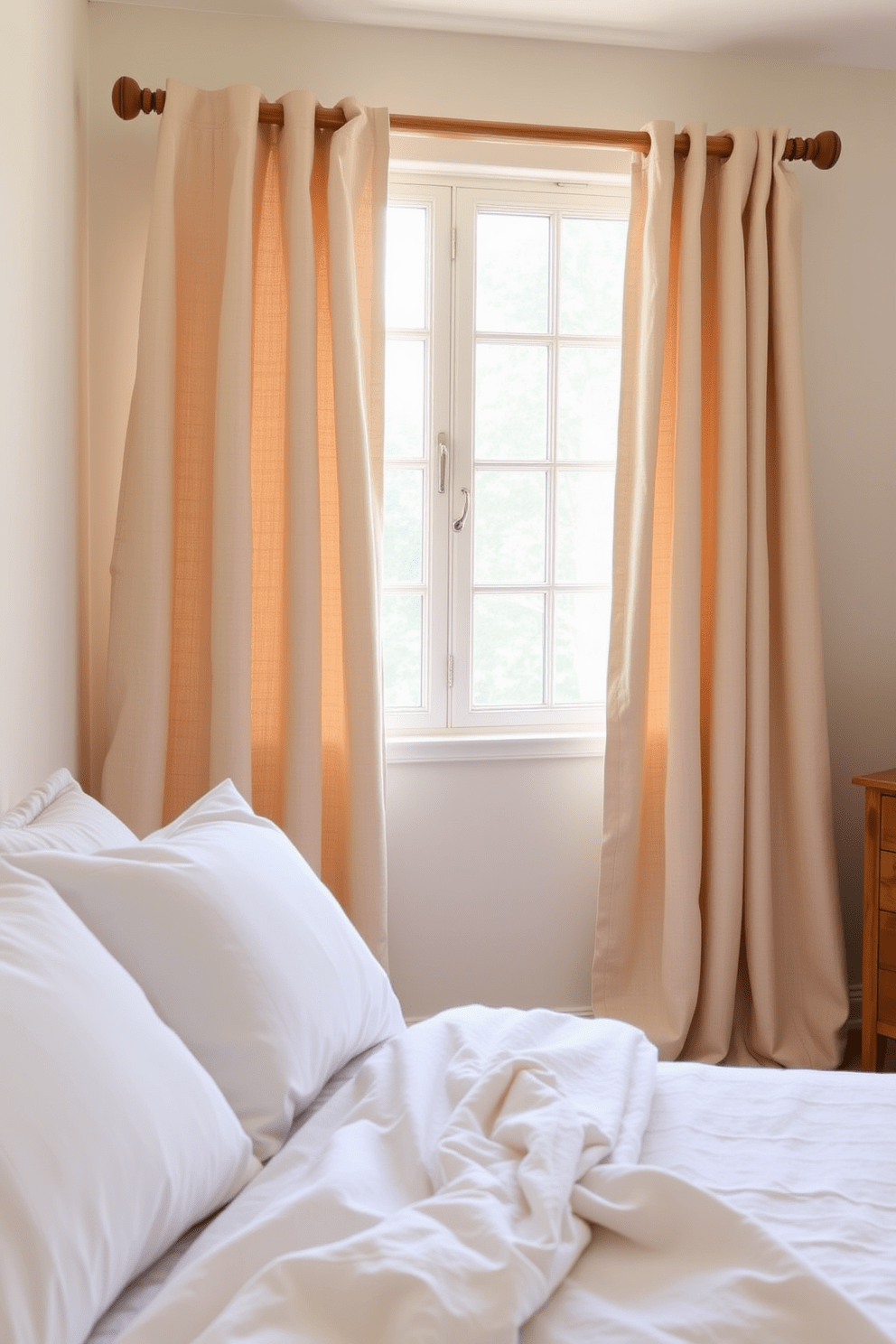 A serene bedroom setting featuring curtains with wooden rods that enhance the natural look of the space. The curtains are made of soft linen in a warm beige tone, allowing gentle light to filter through while providing privacy. The wooden rods are polished to a smooth finish, complementing the neutral color palette of the room. The curtains gracefully drape to the floor, adding an elegant touch to the overall design.