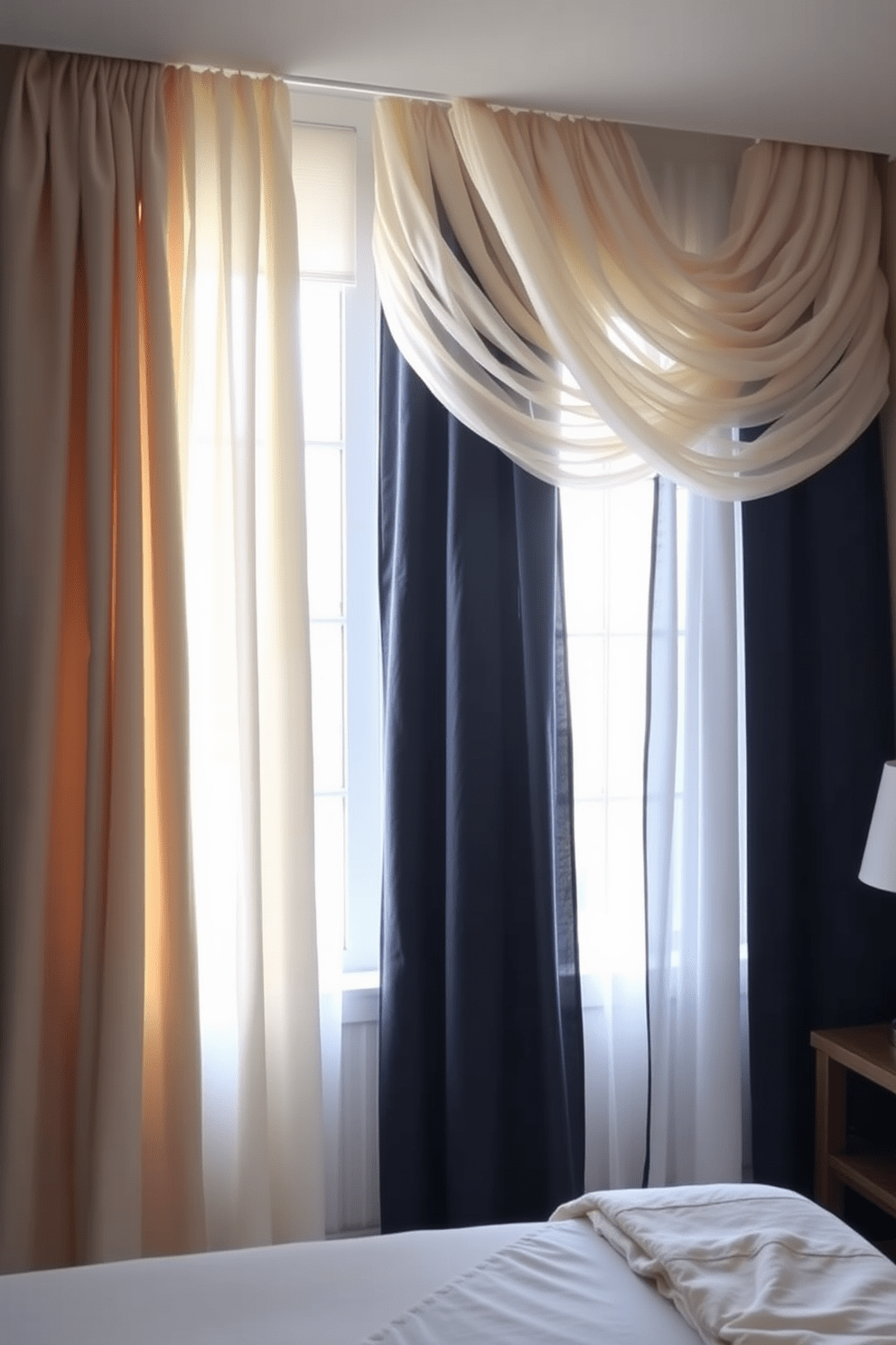 Layered curtains with contrasting colors create a dynamic and inviting atmosphere in the bedroom. The top layer features a sheer fabric in a soft white, allowing natural light to filter through, while the bottom layer is a rich navy blue that adds depth and elegance.