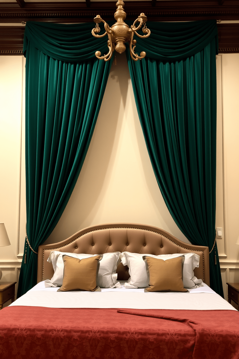 A luxurious bedroom setting featuring rich velvet curtains that drape elegantly from a ceiling-mounted rod. The curtains are deep emerald green, adding a touch of sophistication and warmth to the room's decor. The walls are painted in a soft cream color, providing a beautiful contrast to the vibrant curtains. A plush king-sized bed with a tufted headboard sits against the wall, complemented by coordinating throw pillows and a cozy blanket.