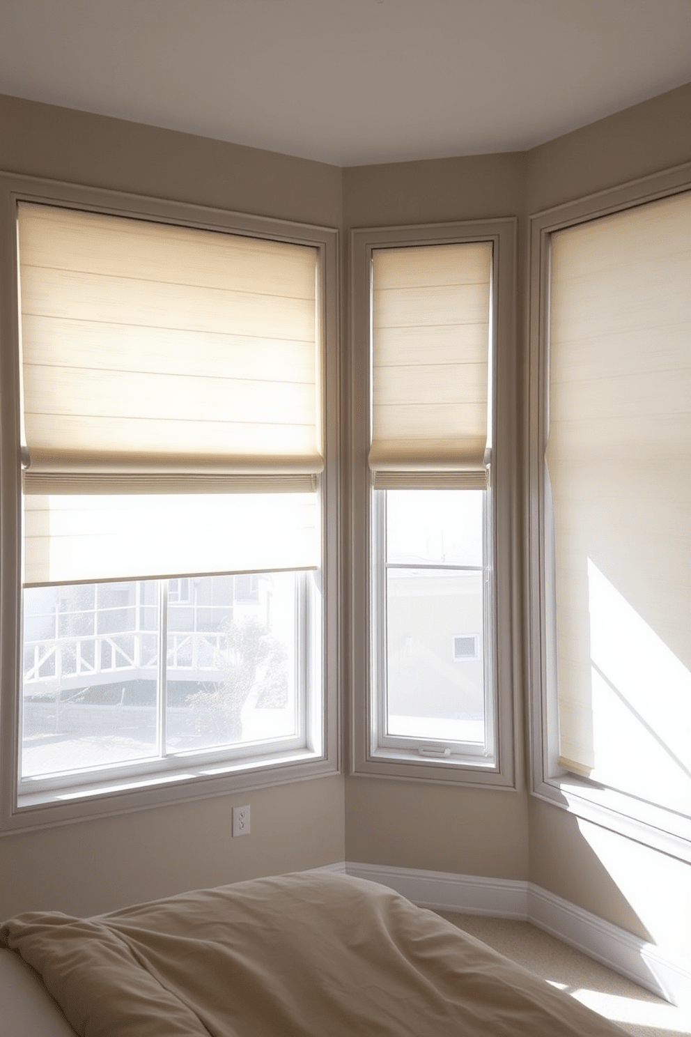 A serene bedroom featuring light-filtering shades with blackout lining that elegantly frame the windows. The shades are in a soft, neutral tone, allowing natural light to gently illuminate the room while providing privacy and comfort.