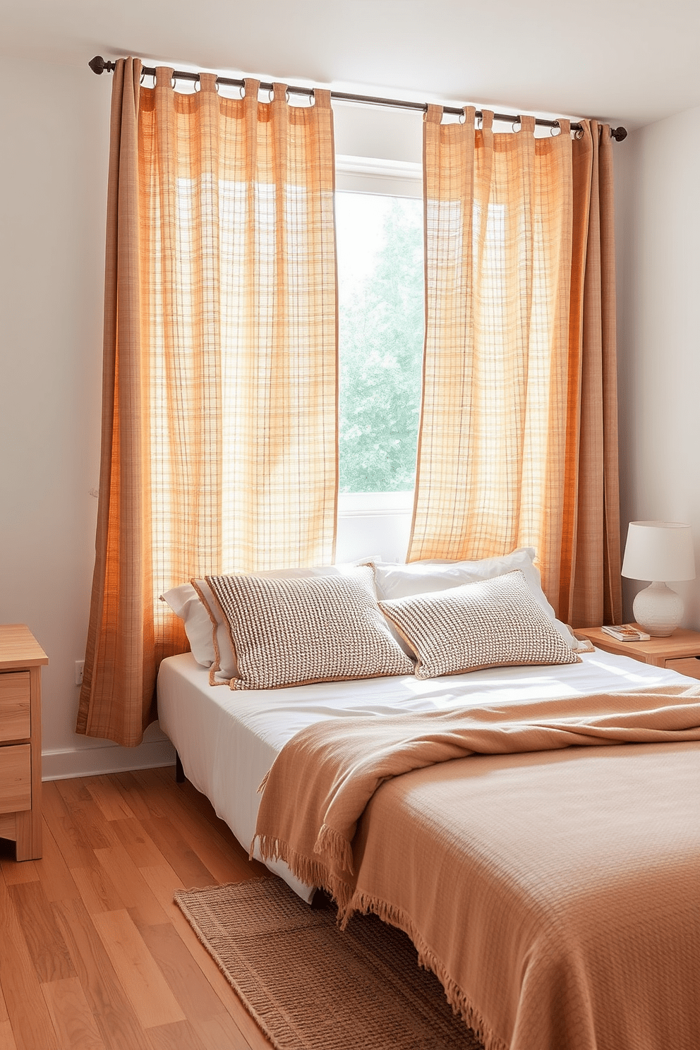 A serene bedroom setting featuring natural fiber curtains that gently filter sunlight, creating a warm and inviting atmosphere. The curtains are in a soft beige tone, complementing the light wood furnishings and the earthy color palette of the room. The bed is adorned with plush, textured pillows that echo the organic theme, while a woven rug adds warmth to the hardwood floor. A small bedside table holds a simple ceramic lamp, enhancing the tranquil ambiance of this restful retreat.